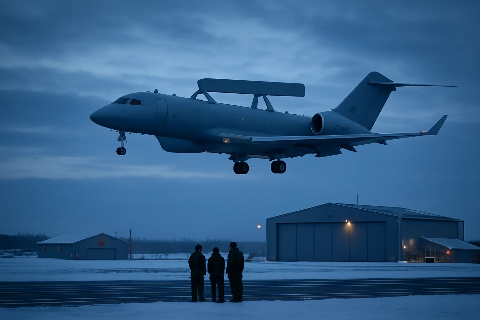 Un avión de vigilancia Saab GlobalEye vuela sobre un paisaje nevado mientras en tierra se ve una base aérea canadiense con personal militar observando.