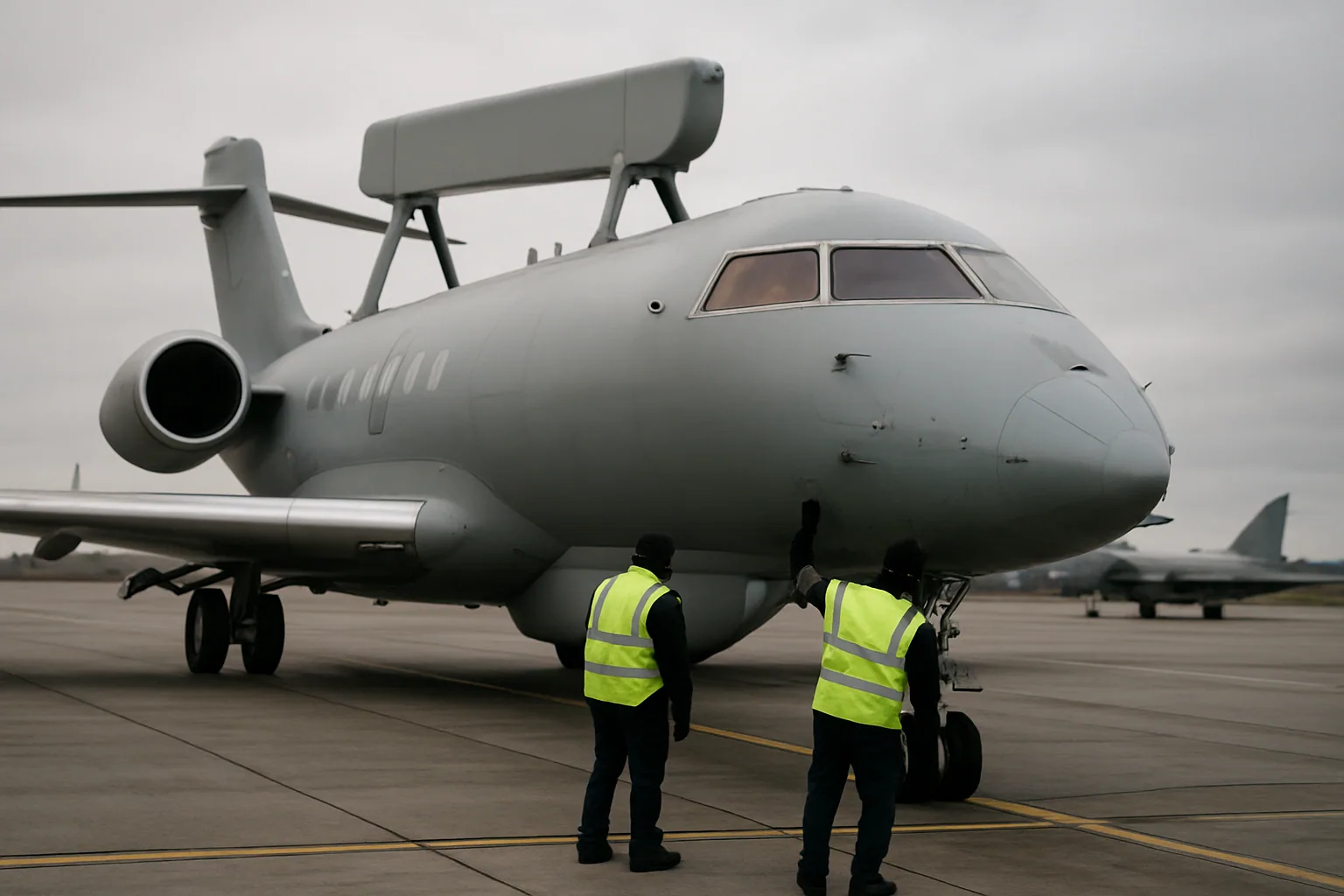Un avión de vigilancia militar sobrevuela una base aérea mientras personal técnico revisa equipos en tierra, con hangares y cielo nublado al fondo.