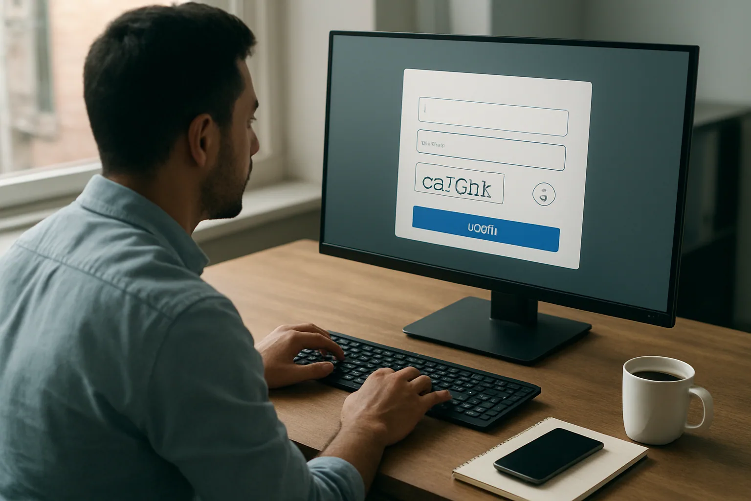Persona usando un teléfono frente a un formulario de acceso con un desafío CAPTCHA visible en una pantalla de navegador en una oficina.