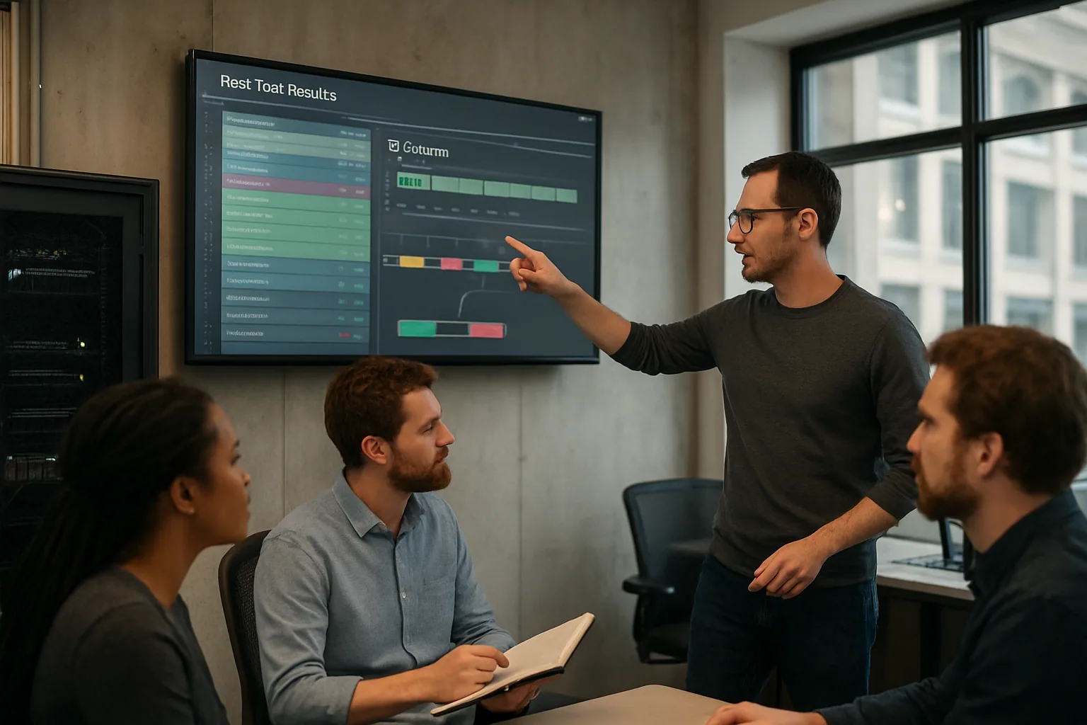 Un equipo de desarrollo revisa resultados de pruebas de Rust en una pantalla grande dentro de una sala de trabajo moderna, con gráficos de CI y listas de tests visibles.