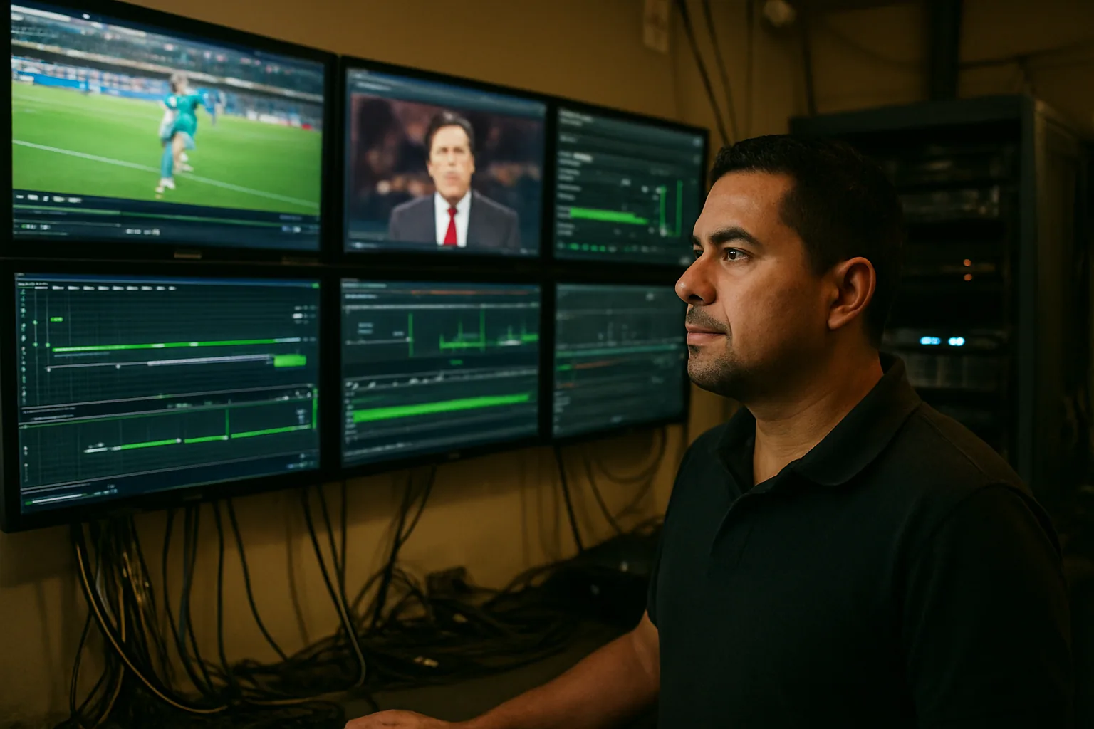 Una persona técnica revisa una pantalla de control de video en vivo en una sala de operaciones, con monitores mostrando reproducción y métricas de transmisión.