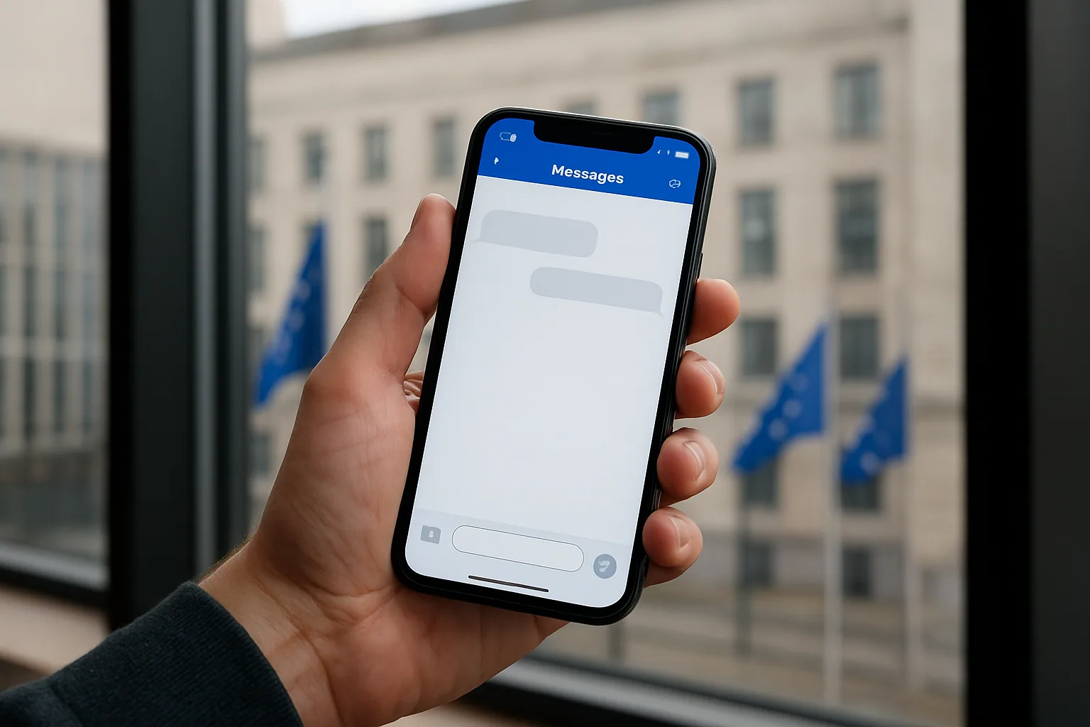 Una persona sostiene un teléfono móvil mientras revisa una app de mensajería, con un edificio institucional de la Unión Europea desenfocado al fondo.