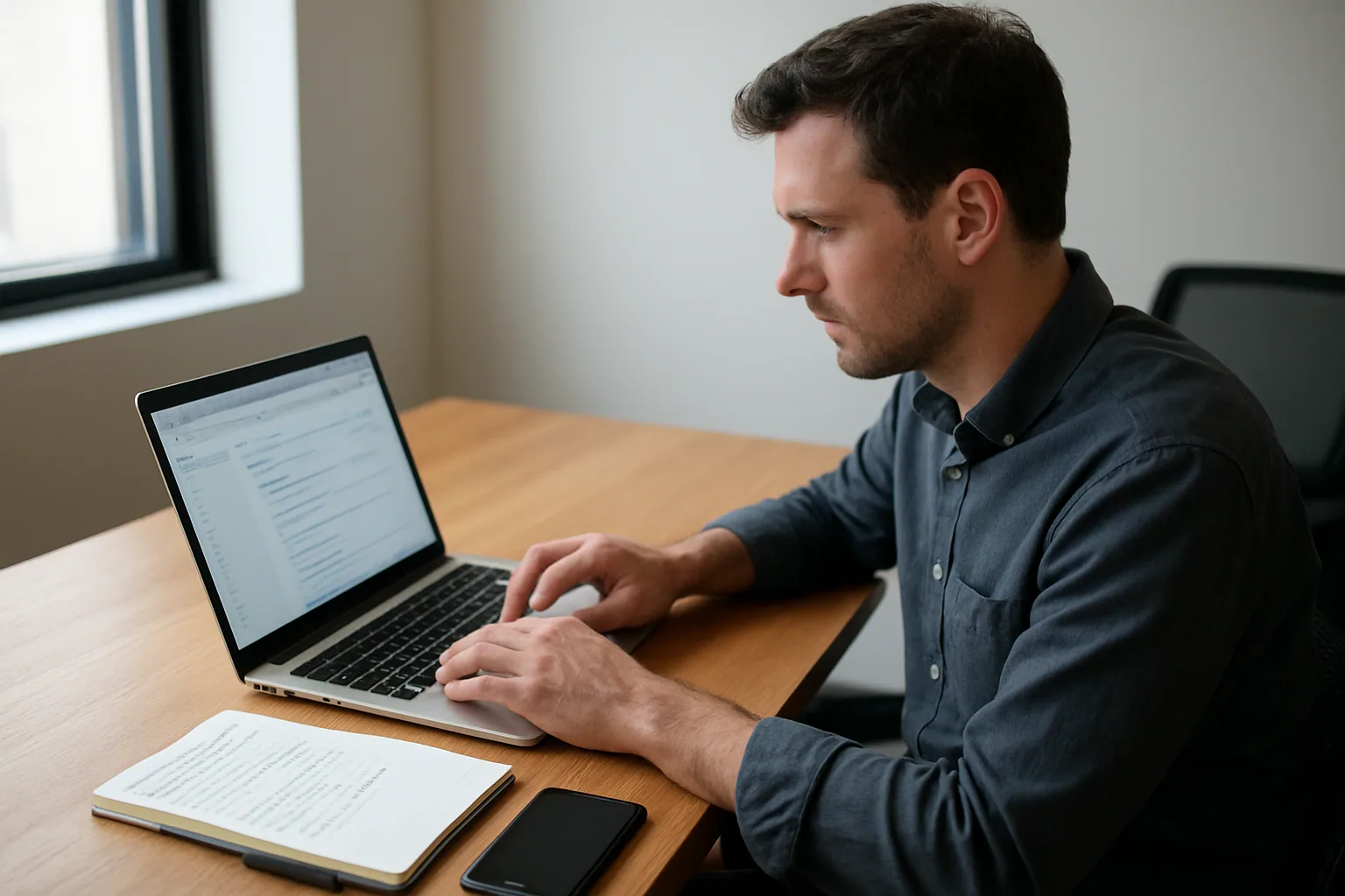 Una persona trabaja en una MacBook en un escritorio real, con varias pestañas abiertas en un navegador y una libreta al lado, mientras revisa tareas y documentos.