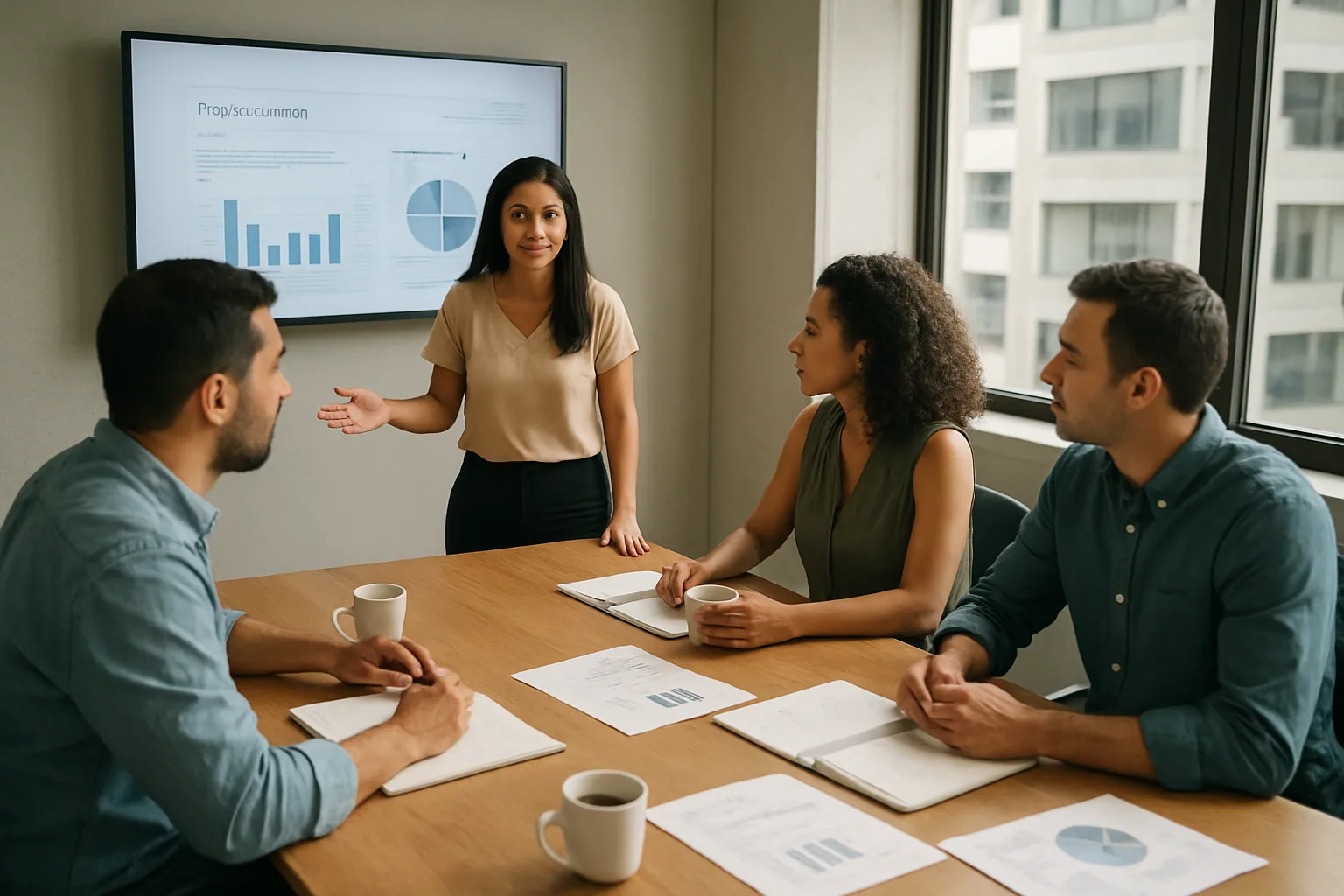 Una persona en una sala de reuniones revisa en una pantalla compartida un resumen generado por IA mientras el equipo toma notas alrededor de la mesa.