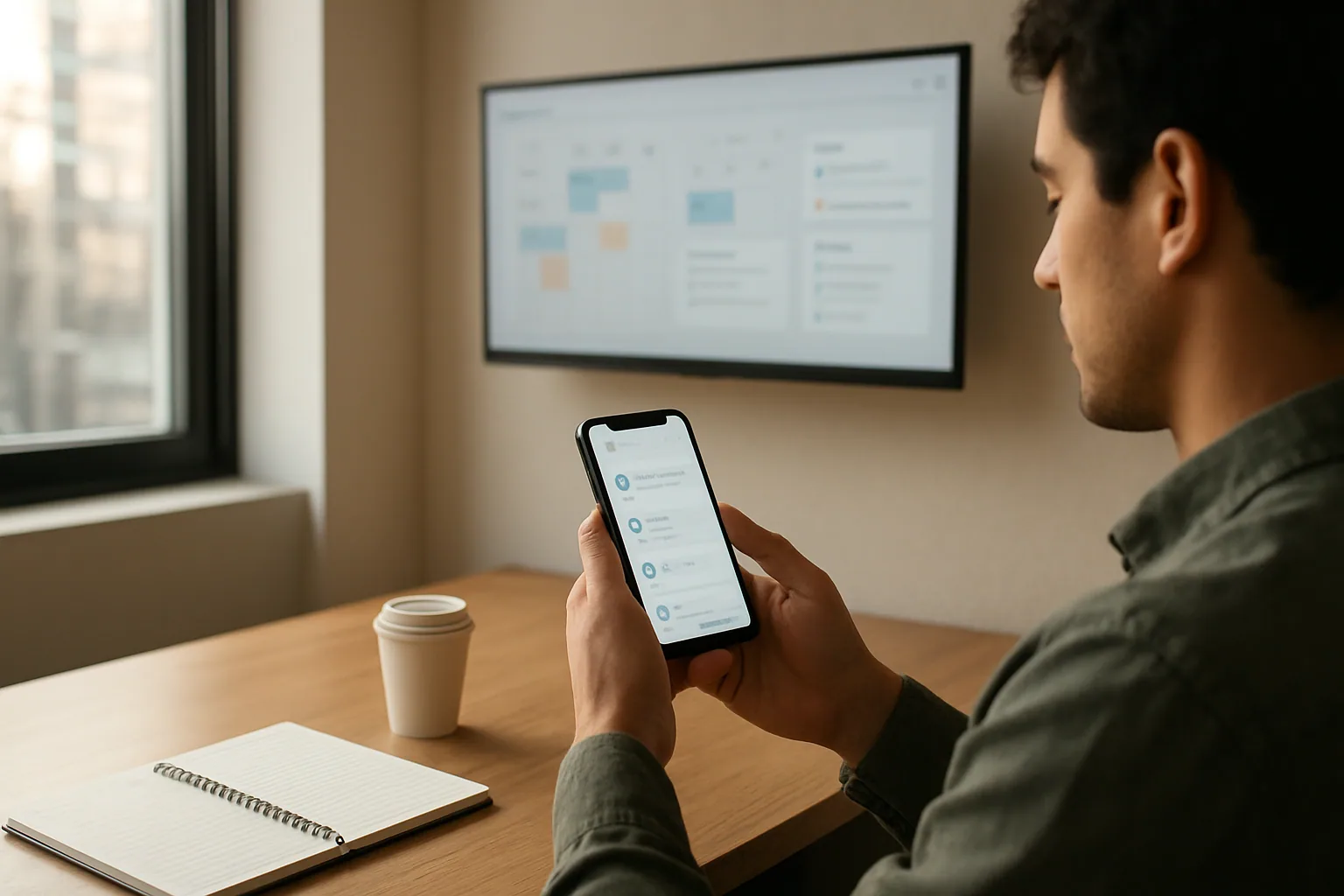 Una persona revisa en su teléfono una lista de tareas programadas mientras en una pantalla cercana se ve un panel de ChatGPT con recordatorios y horarios.
