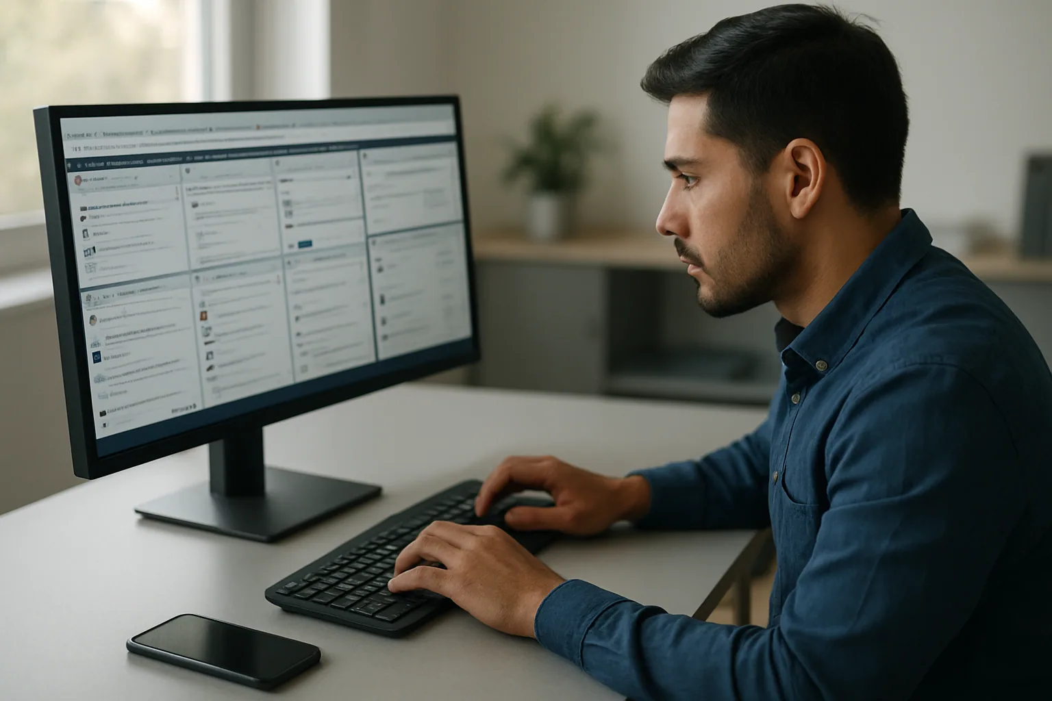 Una persona revisa grupos de pestañas sincronizados en Chrome en una oficina moderna, con un teléfono y una computadora de escritorio sobre la mesa.
