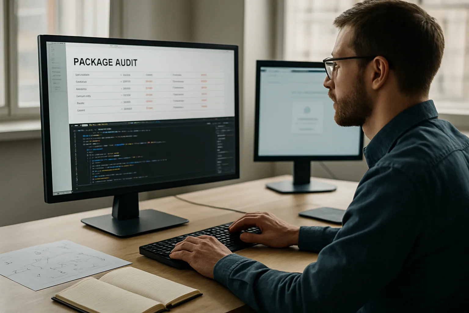 Una persona revisa alertas de seguridad en una terminal mientras en otra pantalla se ve el navegador Chrome abierto con paneles de desarrollo y paquetes JavaScript.