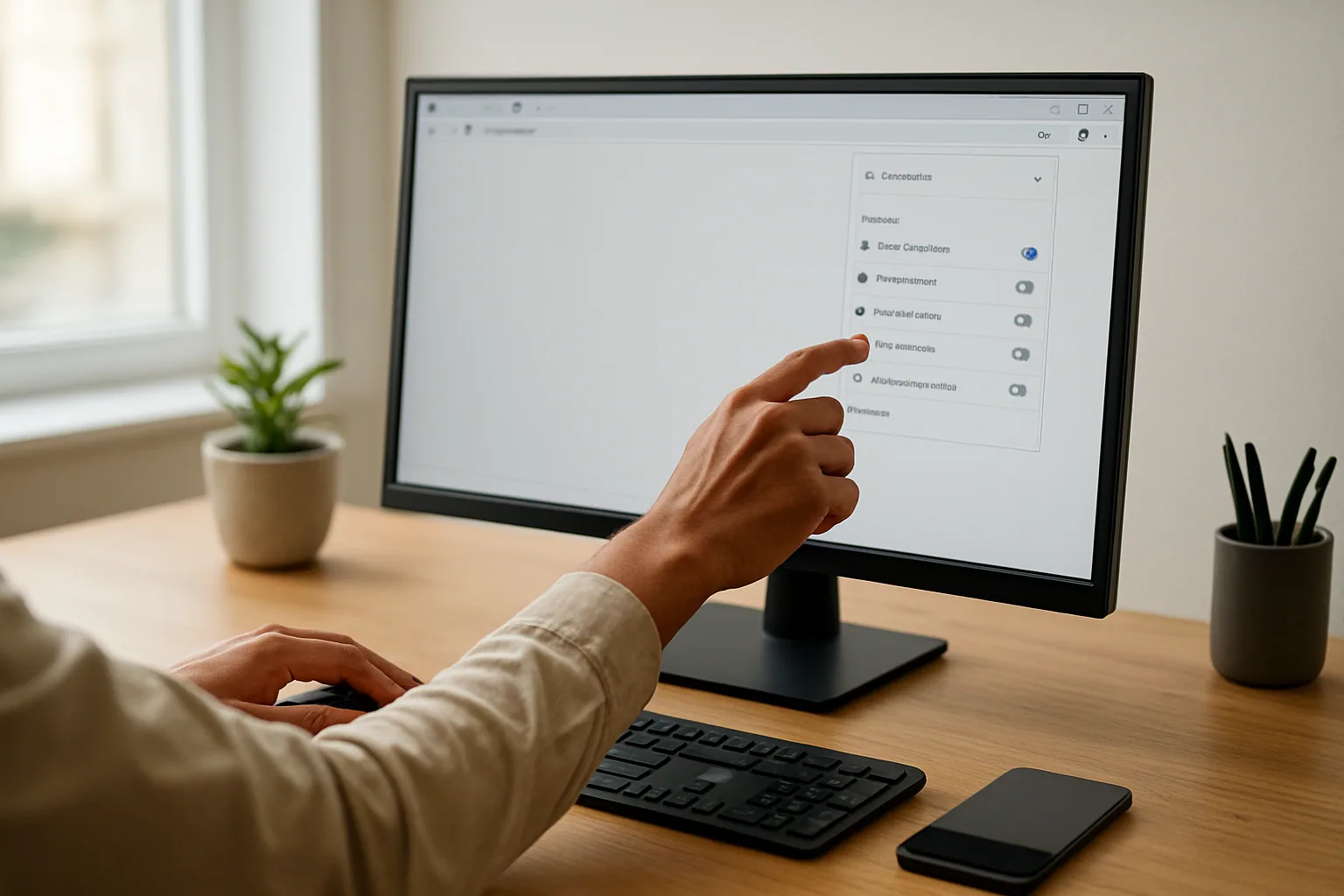 Una persona usa un navegador Chrome en una computadora de escritorio mientras revisa extensiones y ajustes de privacidad en una oficina.
