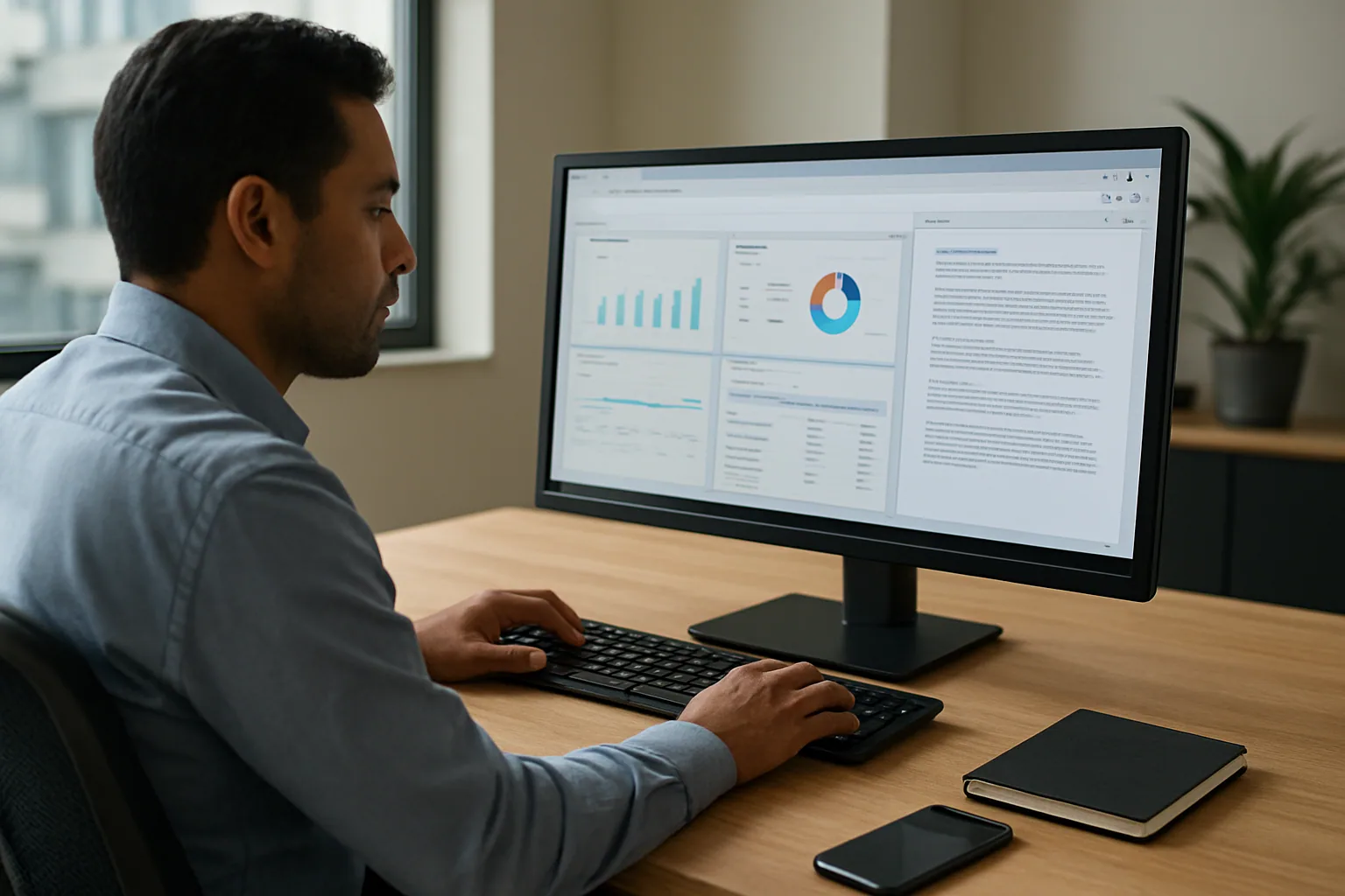 Una persona en una oficina revisa Chrome en un monitor de escritorio mientras usa herramientas de trabajo corporativo en una pantalla grande.