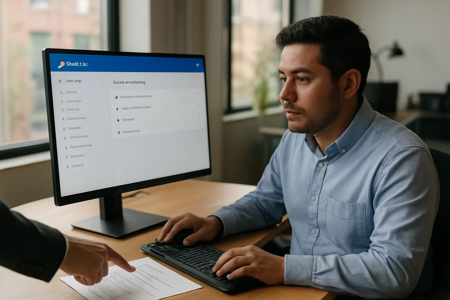Una persona de oficina revisa Chrome en un monitor mientras usa un panel de administración empresarial en una sala de trabajo moderna.