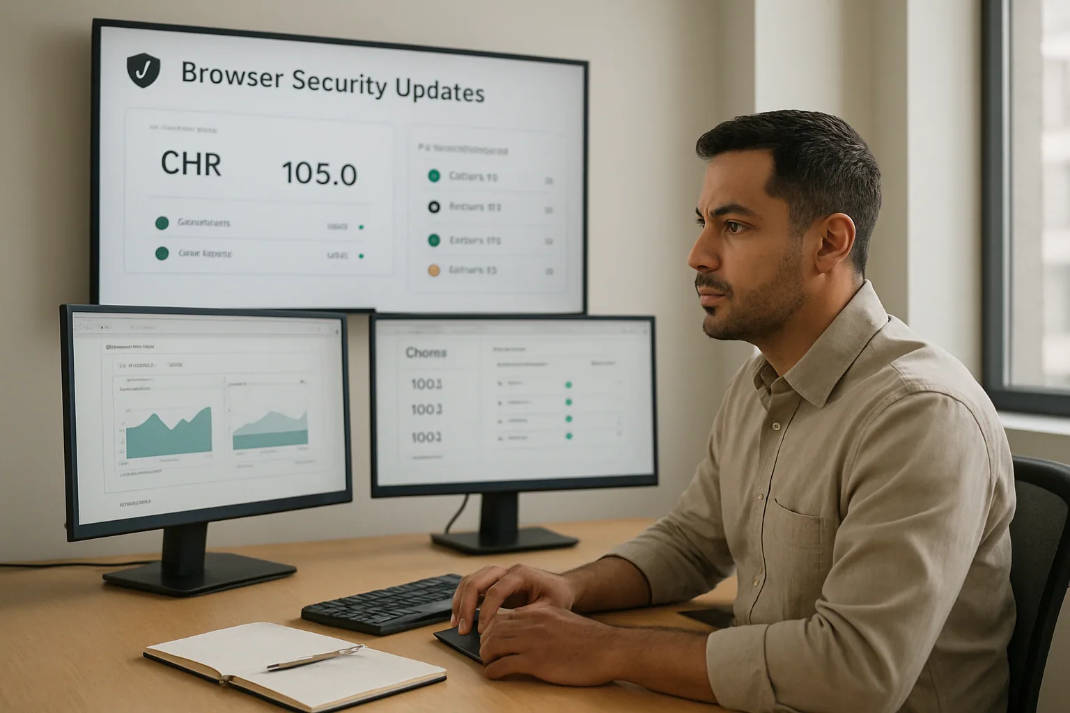 Un técnico revisa una flota de navegadores en una oficina mientras varios monitores muestran Chrome actualizado y alertas de seguridad.