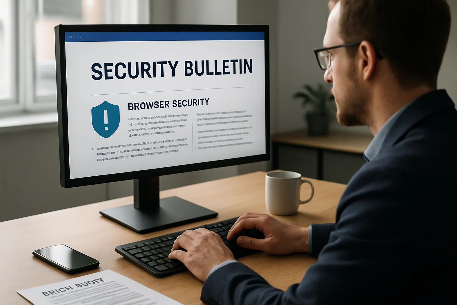 Un navegador Chrome abierto en una pantalla de oficina junto a un teléfono corporativo y notas de seguridad, con una persona revisando alertas de actualización.