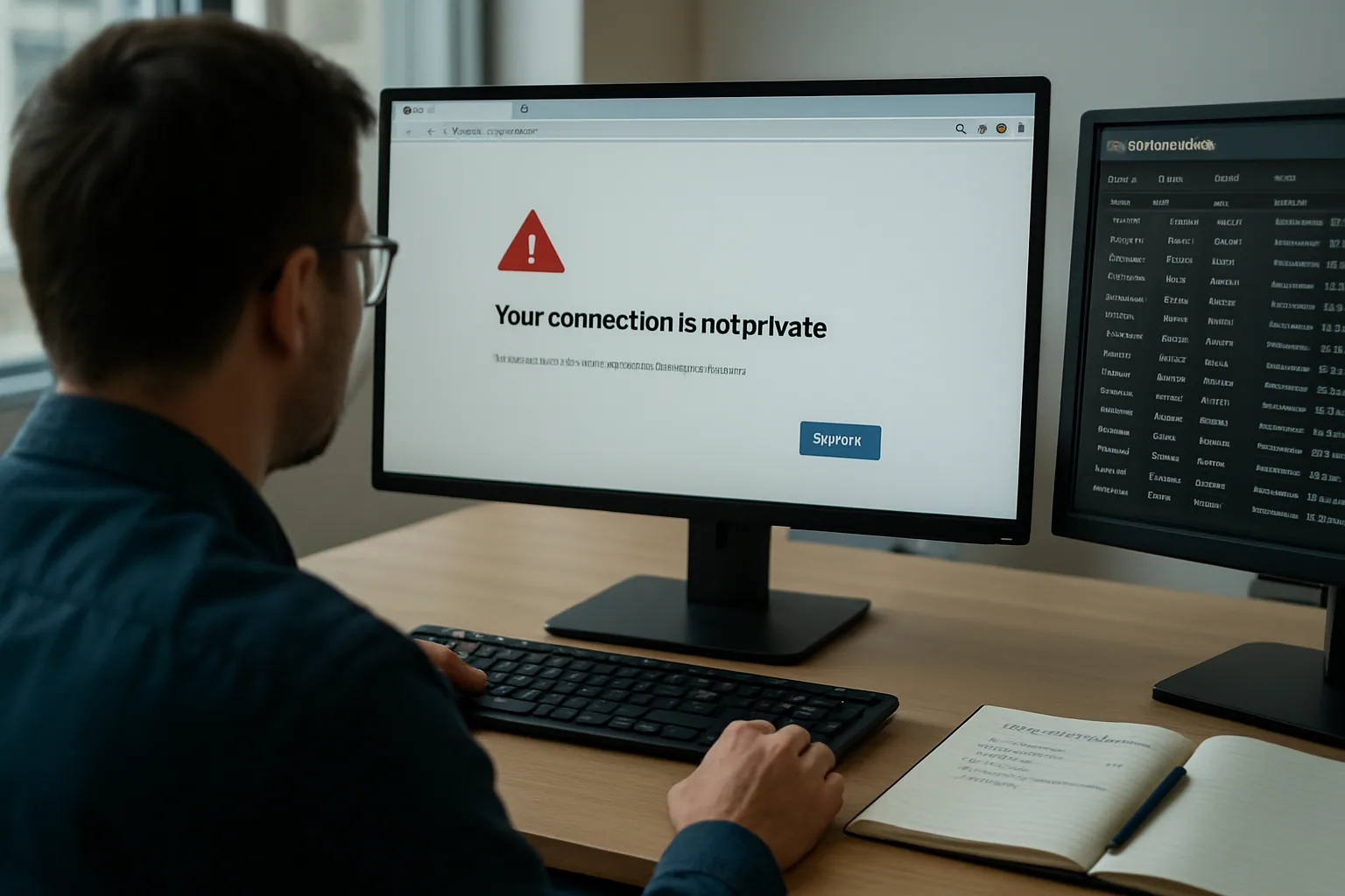 Un navegador Chrome abierto en una computadora de escritorio en una oficina, con un analista de seguridad revisando alertas en un monitor al lado.