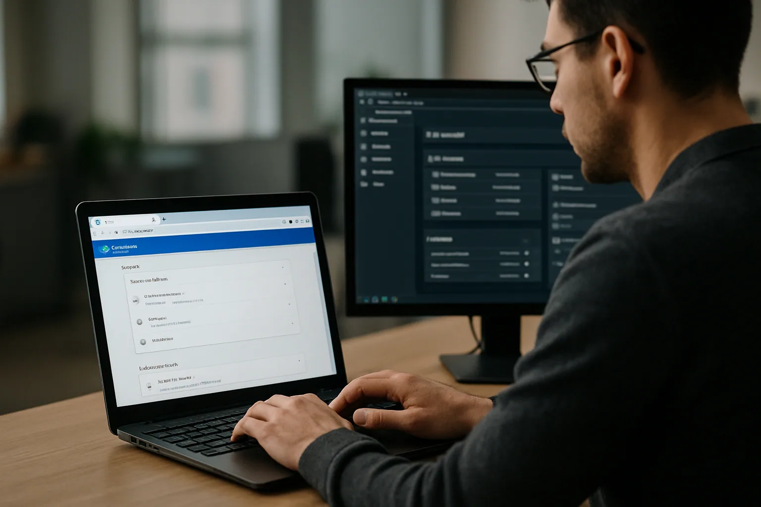 Una persona revisa en una laptop la configuración de seguridad de Chrome mientras en la pantalla se ven avisos de sesión y cookies.