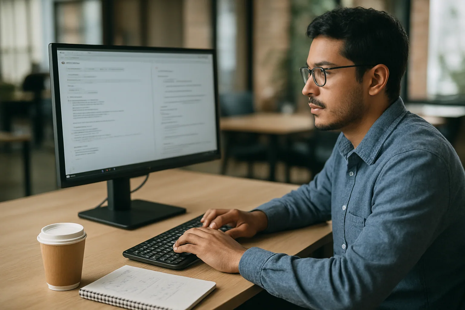 Una persona desarrolladora revisa en una oficina moderna una pantalla con Chrome abierto y varias pestañas de documentación técnica mientras toma notas en un cuaderno.