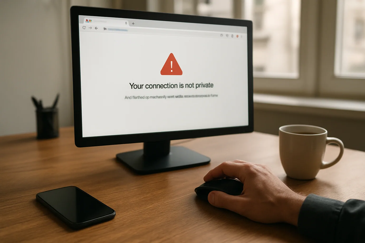 Una persona revisa una alerta de seguridad en Google Chrome mientras navega en una computadora portátil en una oficina iluminada naturalmente.