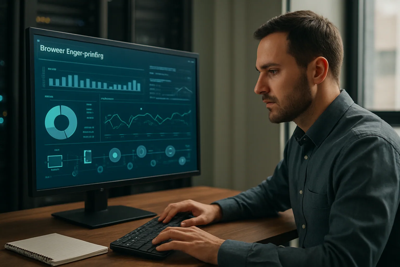 Una persona revisa en una pantalla un panel de análisis web con métricas de navegador y sistema operativo en una oficina moderna.
