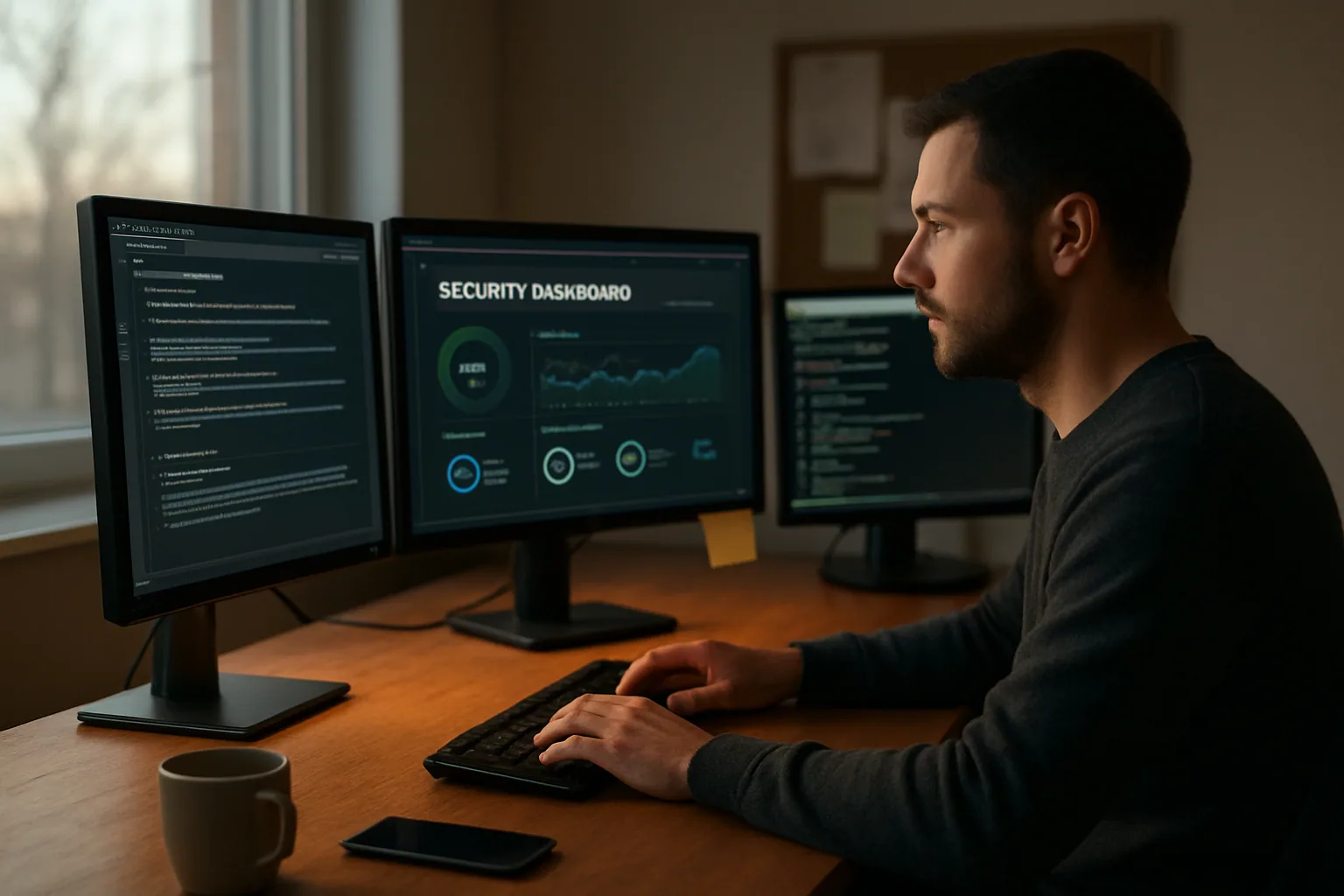 Una persona revisa alertas de seguridad en un monitor mientras varias ventanas del navegador muestran advertencias y páginas técnicas sobre Chromium.