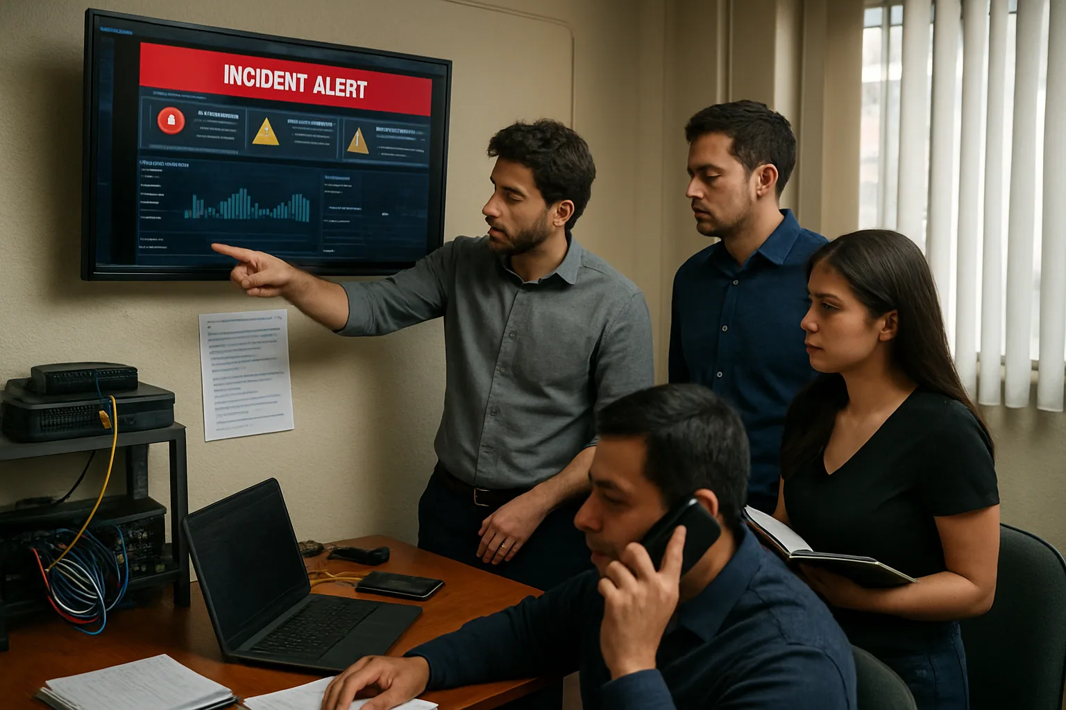 Equipo de TI revisando alertas de seguridad en una oficina empresarial en Ecuador, con pantallas de monitoreo y personal coordinando una respuesta a incidentes.