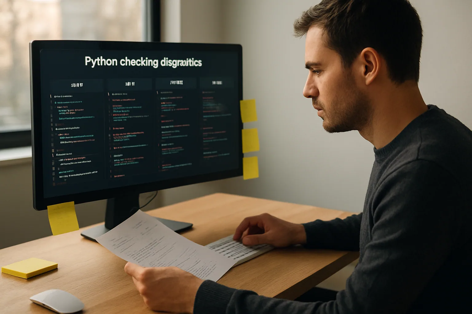 Una persona revisa en una pantalla de escritorio varias configuraciones de tipado en Python mientras compara resultados de análisis de código.