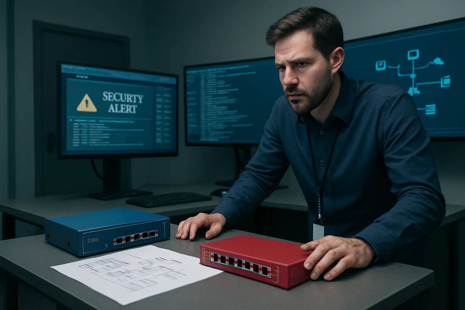 Un analista de ciberseguridad revisa alertas en varias pantallas dentro de una sala de operaciones mientras un router y un firewall físicos están sobre la mesa.