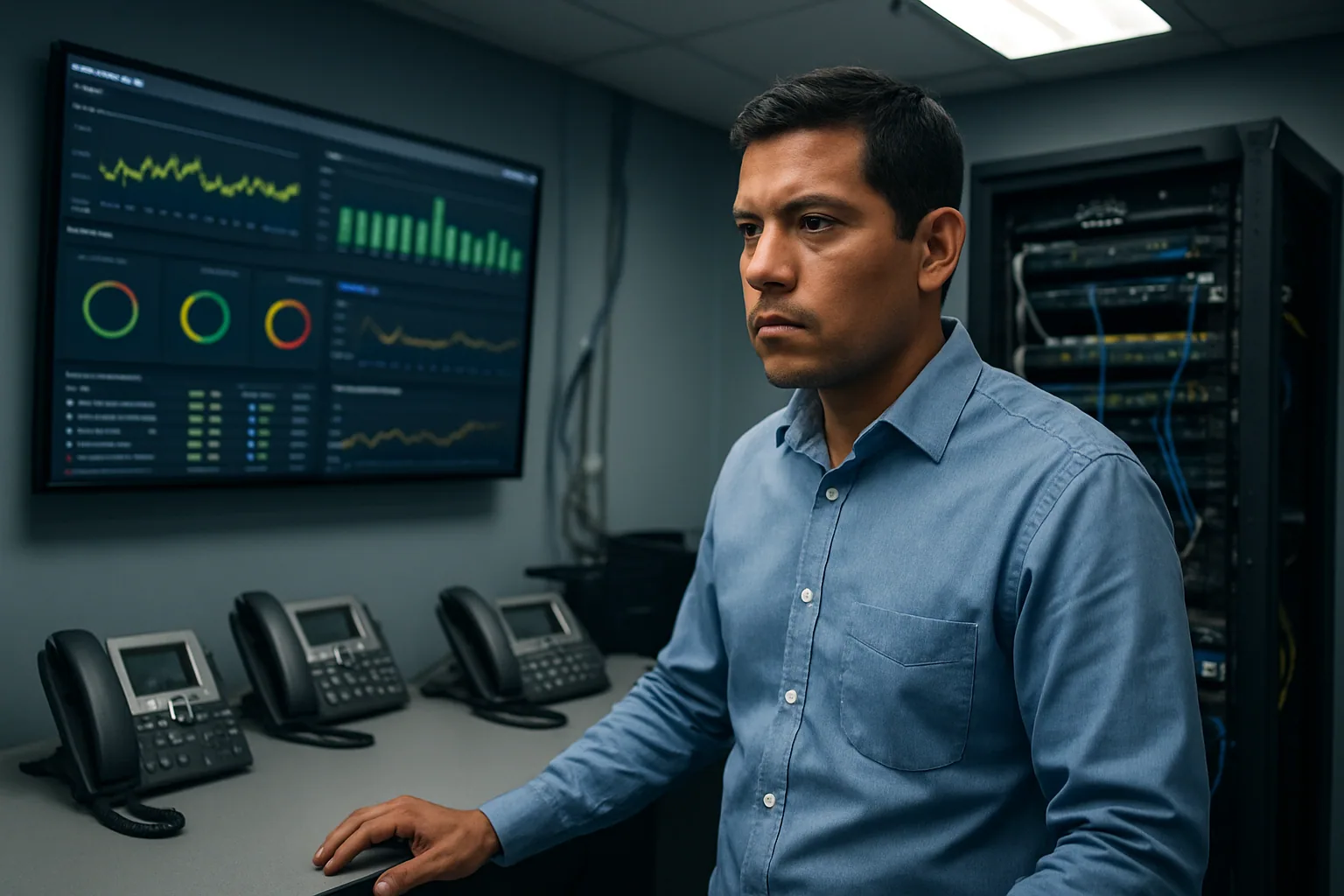 Un administrador de TI revisa una consola de monitoreo en una sala de operaciones con equipos de comunicaciones empresariales al fondo.