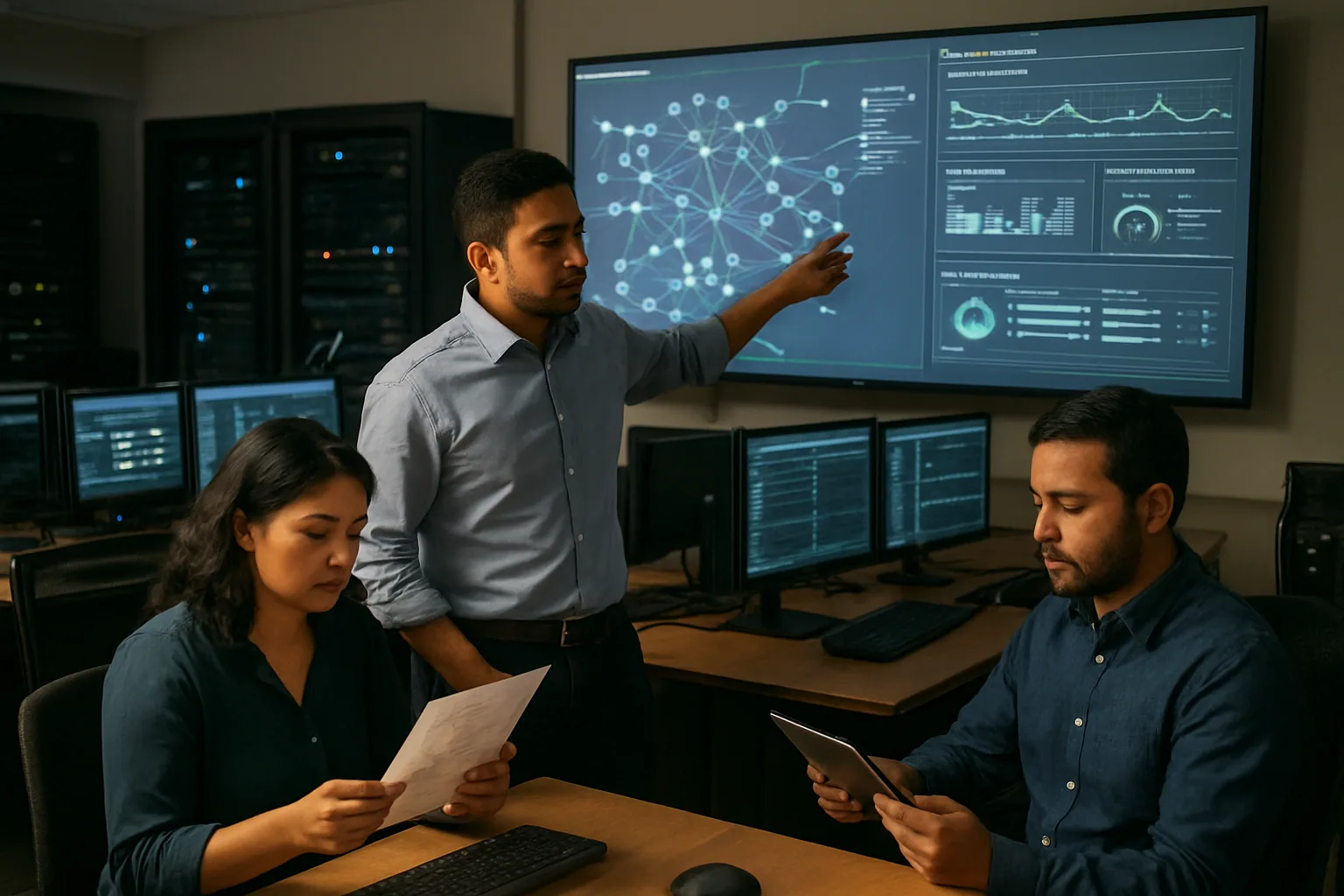 Un equipo de operaciones de TI revisa paneles de red y seguridad en una sala de control empresarial con monitores múltiples y luces tenues.