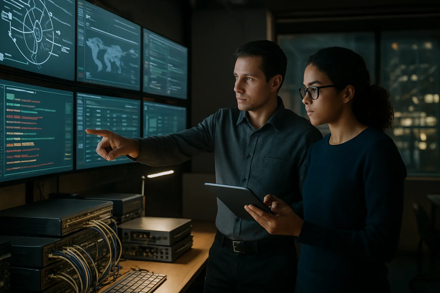 Un equipo de seguridad revisa paneles de red y alertas en una sala de operaciones moderna mientras se monitorean accesos y automatización de IA.