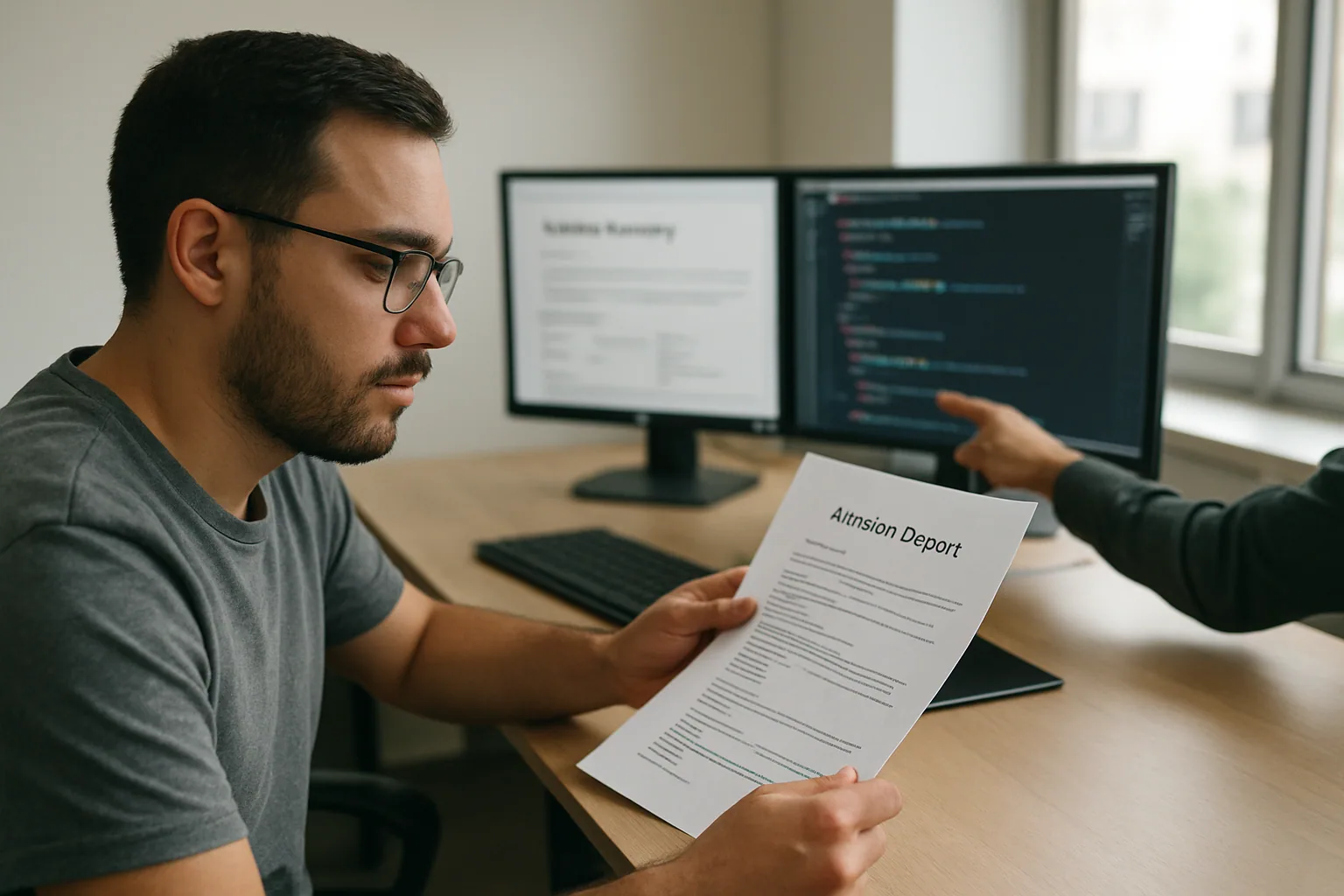 Una persona revisa en una pantalla un resumen técnico generado a partir de una sesión de Claude Code, con notas, pasos y enlaces compartibles visibles.