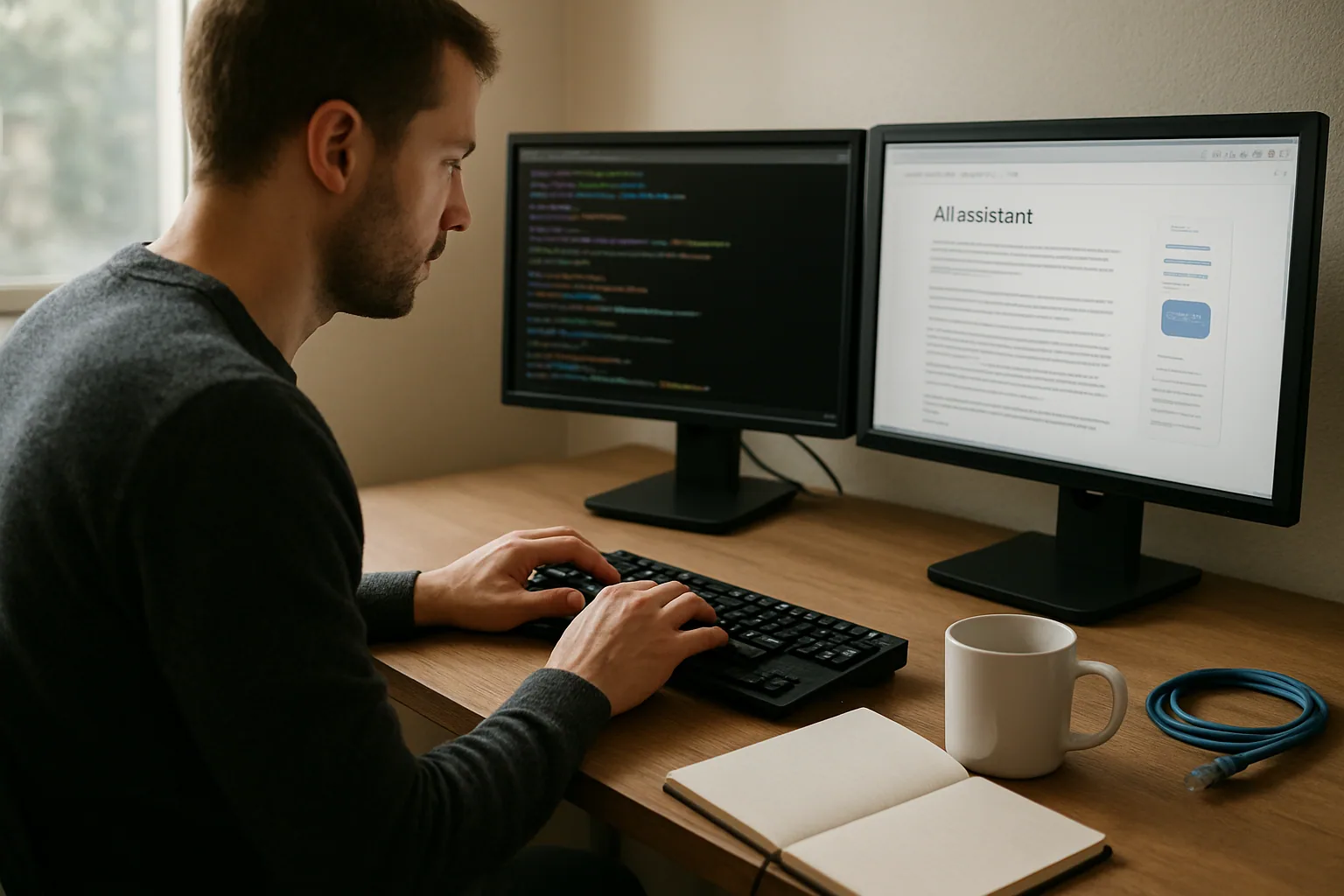 Una persona usa una laptop con Linux en un escritorio técnico, con una terminal abierta y una ventana de documentación de IA al lado.