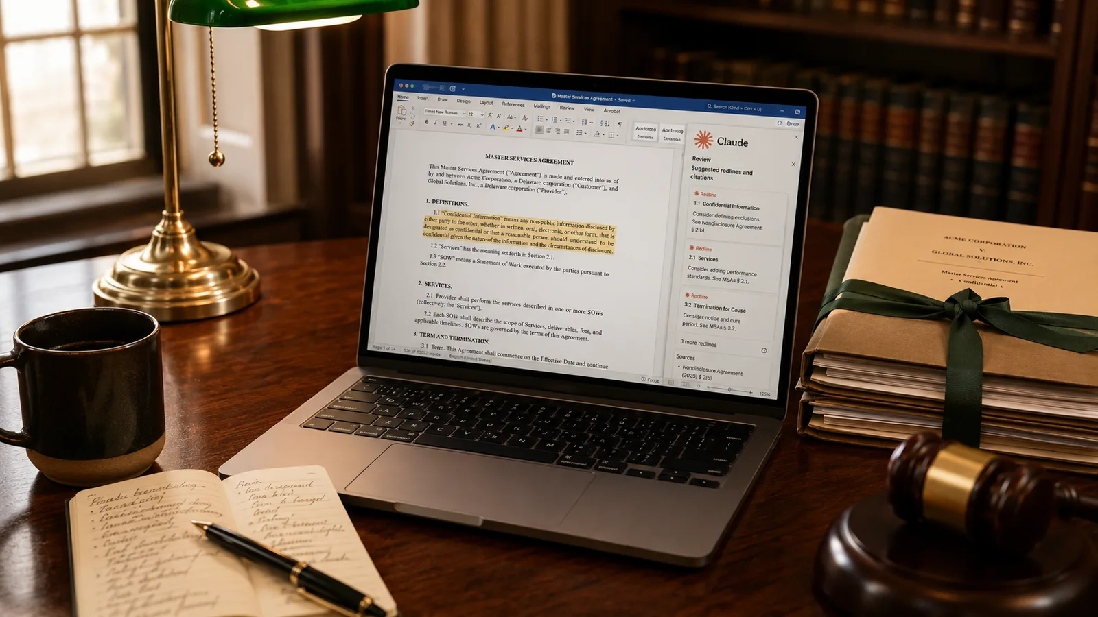 Pantalla de MacBook con Microsoft Word abierto y panel lateral de Claude revisando un contrato sobre escritorio de oficina legal