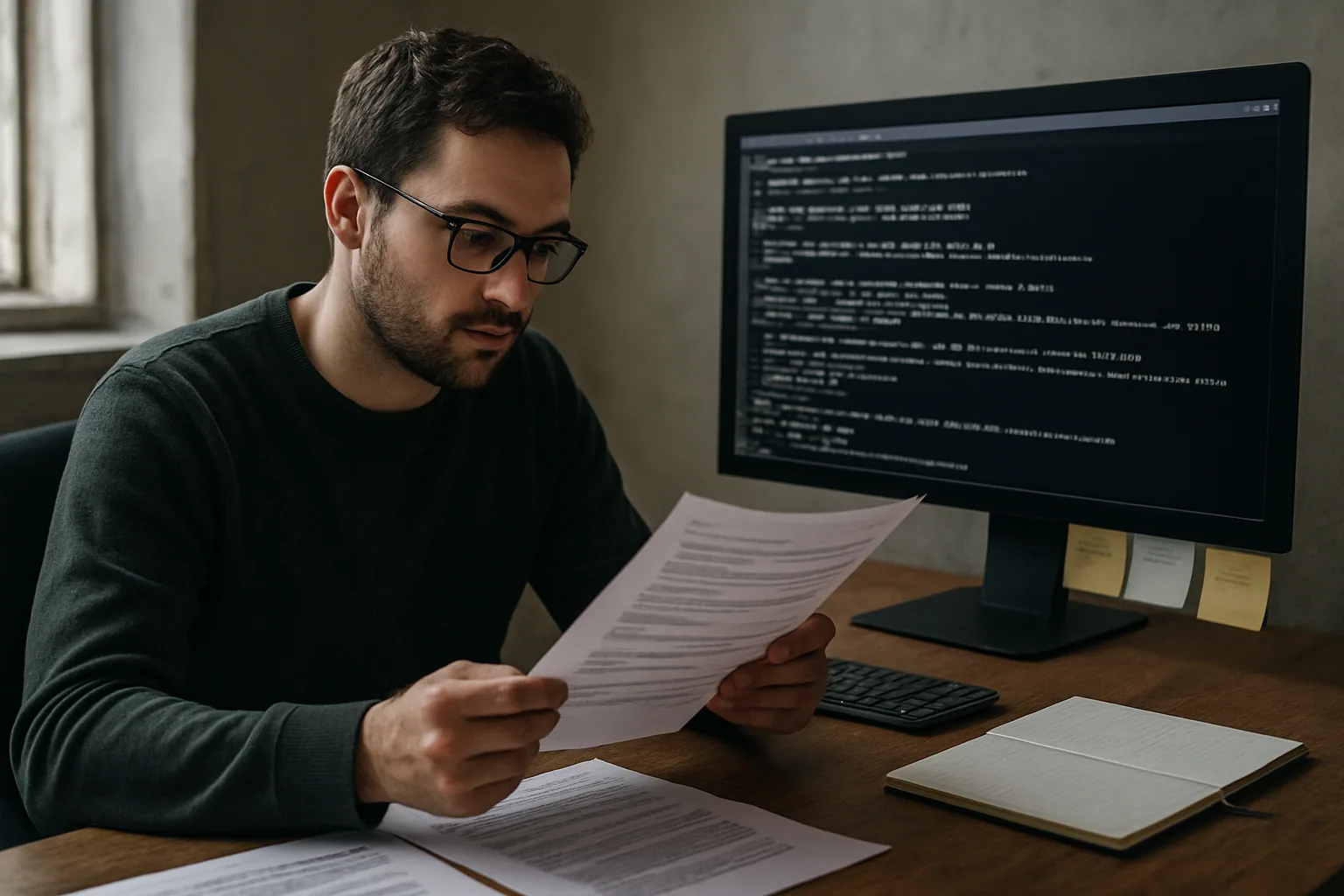 Una persona revisa en una pantalla líneas de código y métricas de cambios en un proyecto de software crítico mientras toma notas en una mesa de trabajo.