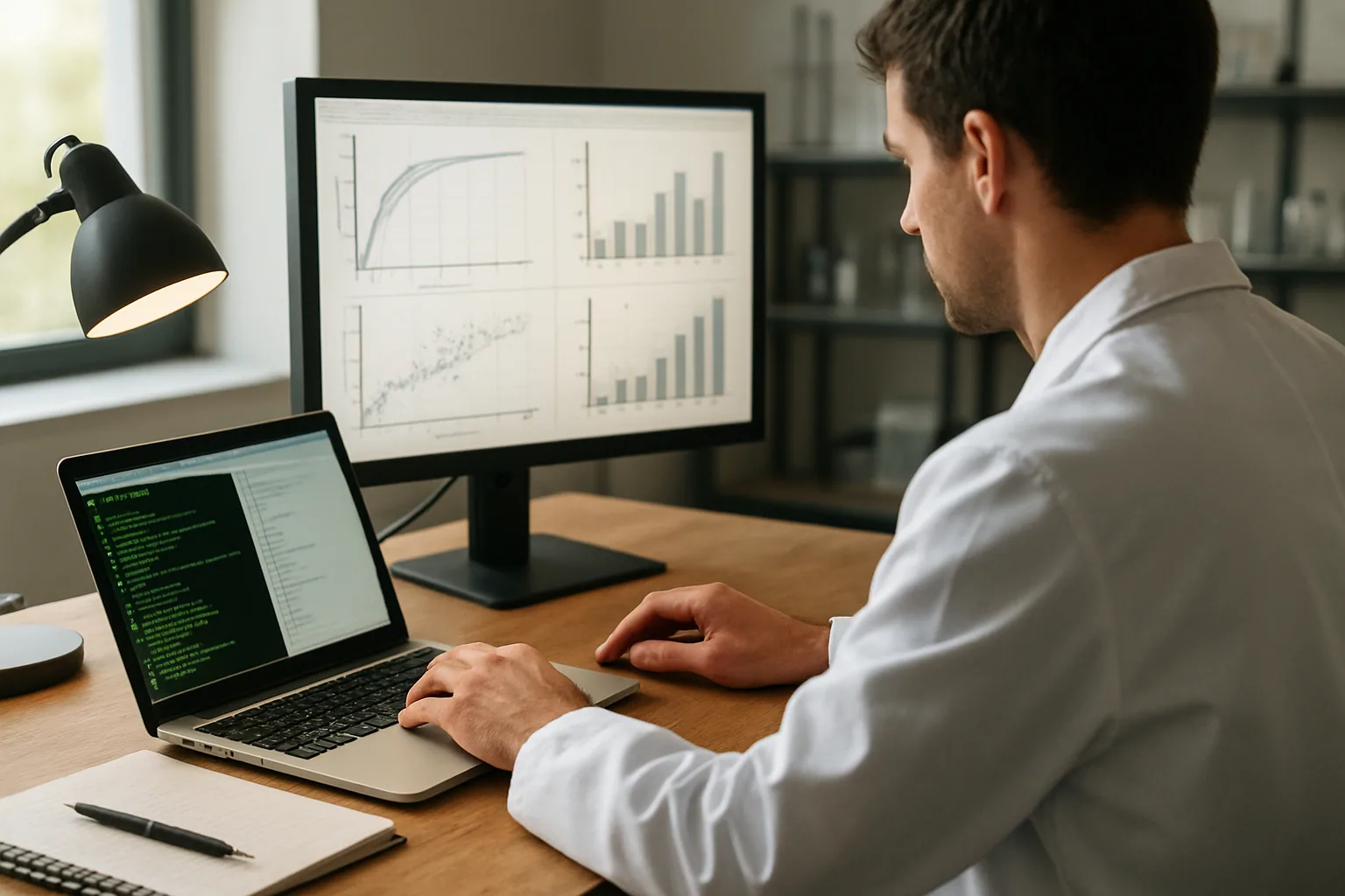 Un investigador trabaja en un escritorio con una terminal abierta, gráficos científicos en un monitor y cuadernos de notas al lado, en un laboratorio moderno.
