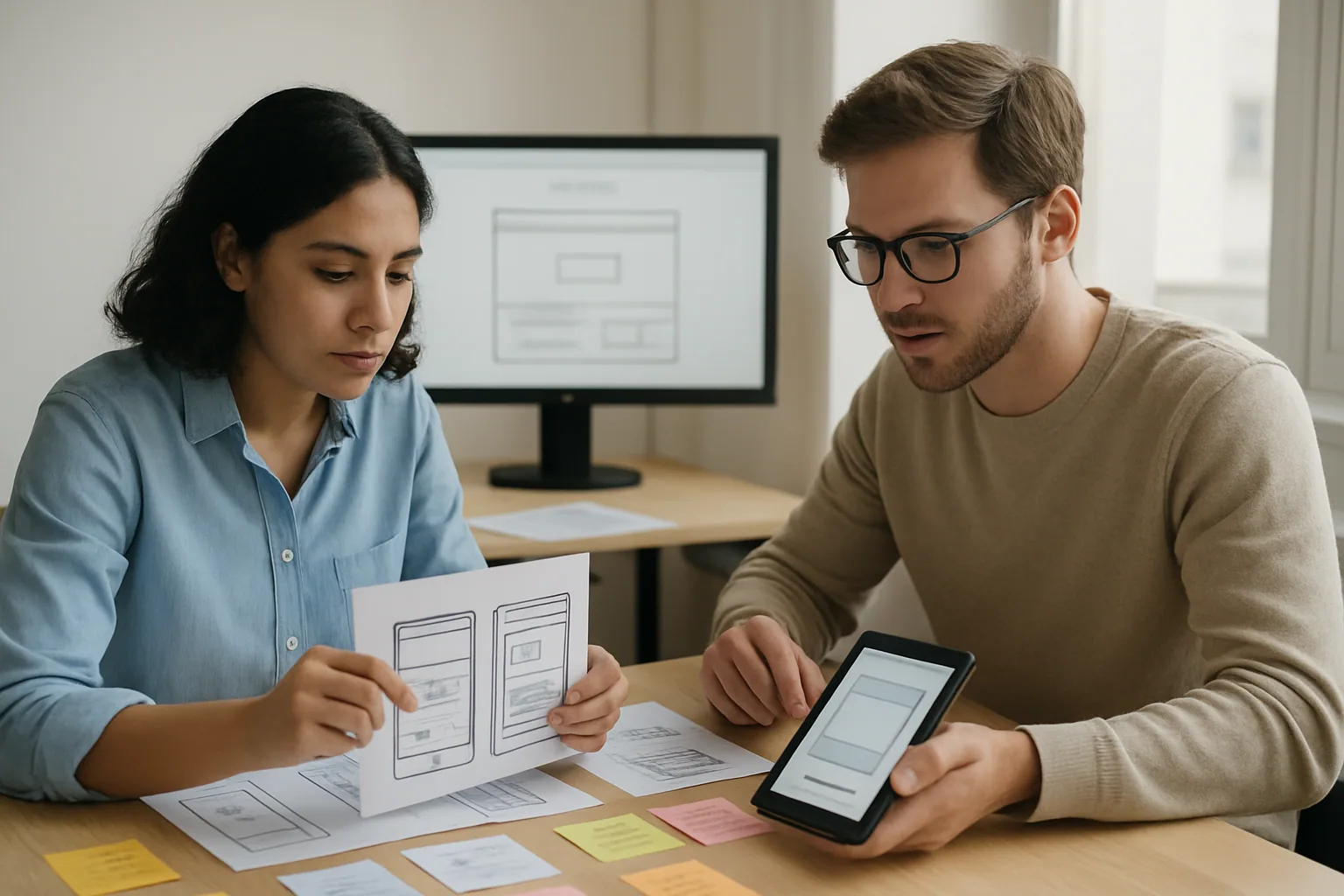 Una diseñadora revisa un prototipo interactivo en una mesa de trabajo mientras conversa con un colega frente a una pantalla con una interfaz de producto en edición.