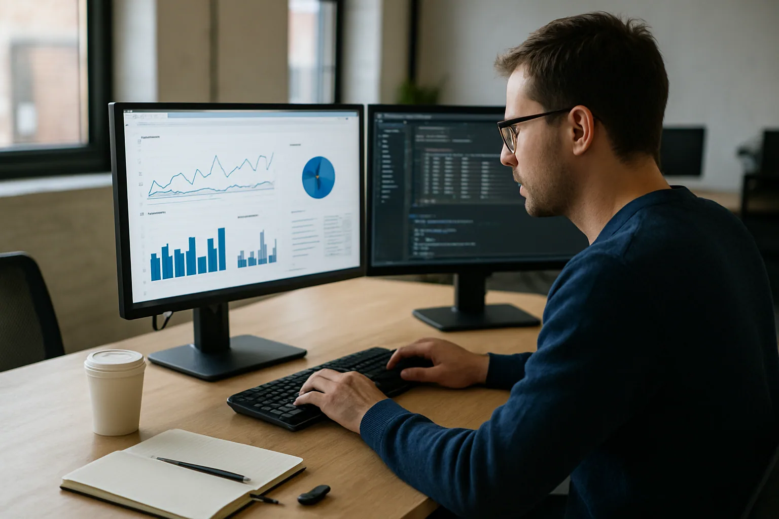 Una persona analiza datos en una interfaz web local mientras un motor OLAP corre en el navegador, con una laptop abierta y gráficos de tablas sobre una mesa de trabajo.