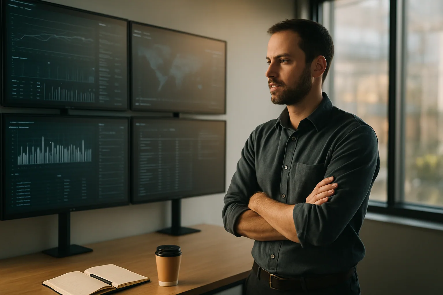 Una persona de perfil revisa un panel de monitoreo en una oficina con varias pantallas mostrando tráfico web y métricas de infraestructura.