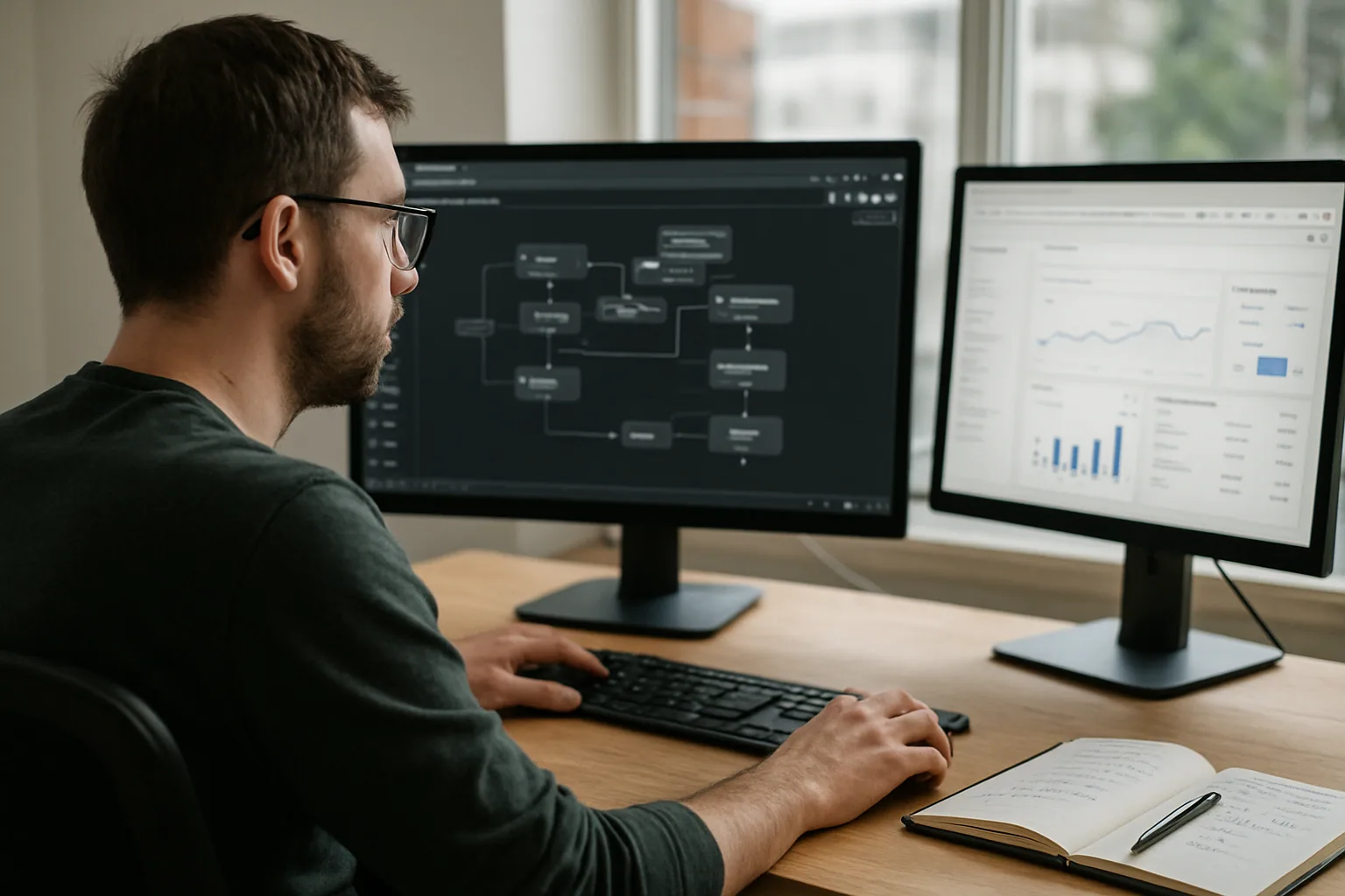 Una persona técnica revisa en un monitor varios flujos de automatización mientras un navegador abierto muestra tareas de un agente de IA en una oficina moderna.