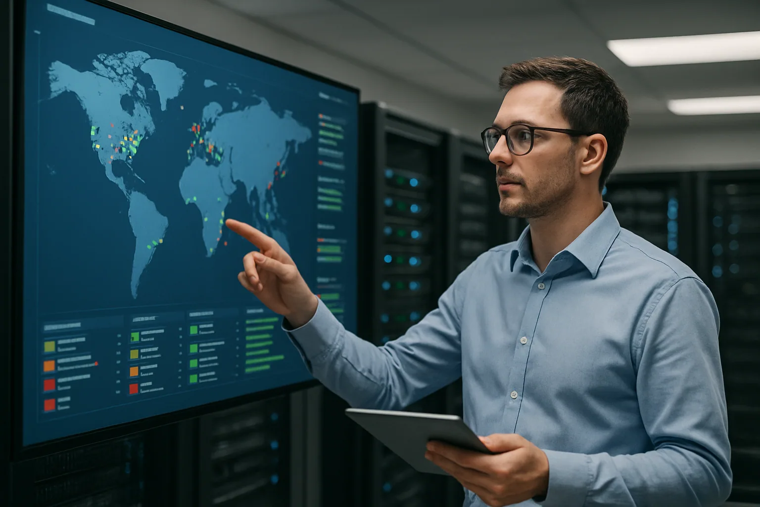 Un ingeniero revisa un panel de monitoreo en una sala de operaciones con mapas de regiones conectadas por líneas, mientras varios racks de servidores están al fondo.