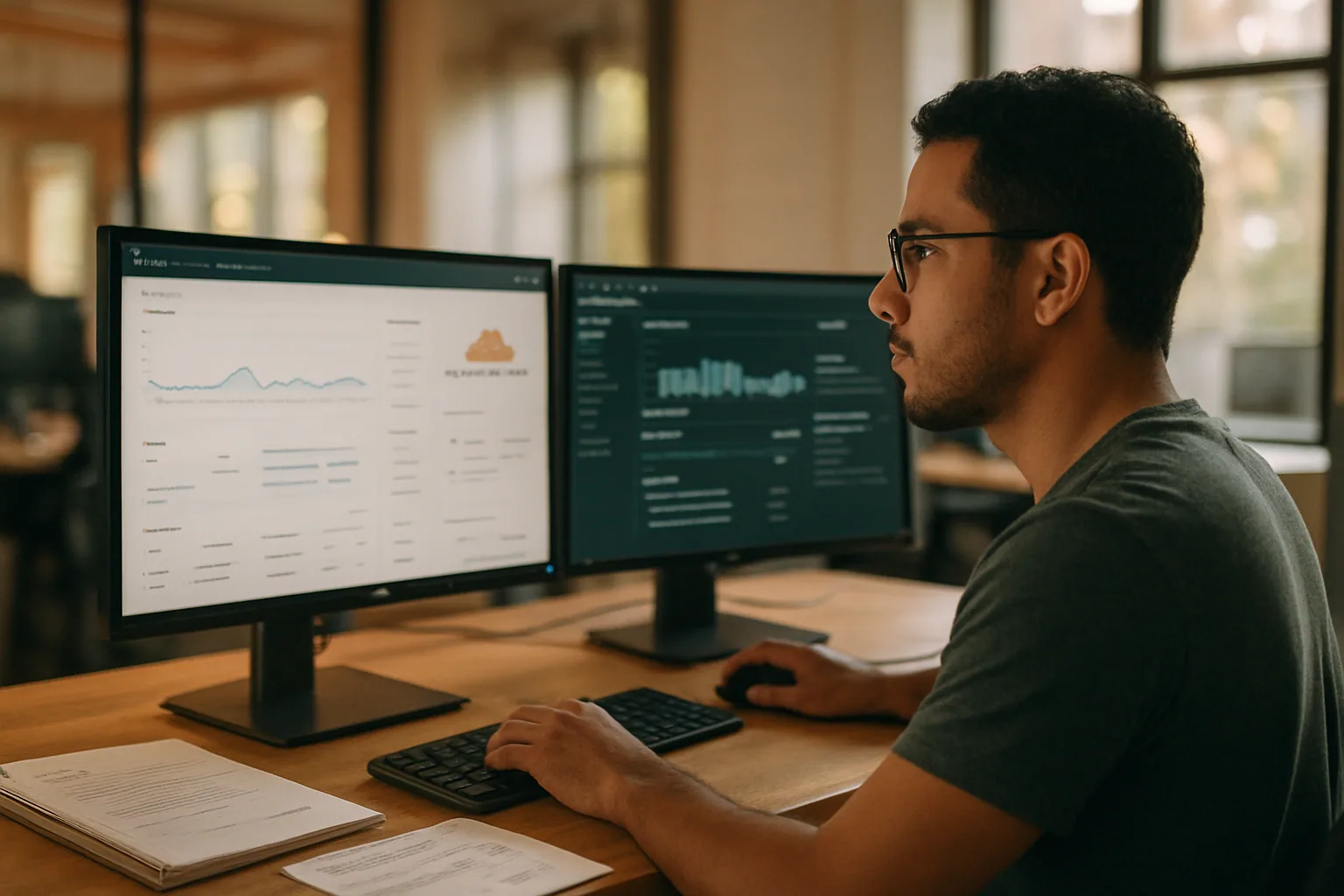 Una persona revisa un panel de Cloudflare en una oficina, mientras en otra pantalla se ve una API con métricas de consumo y facturación por uso.