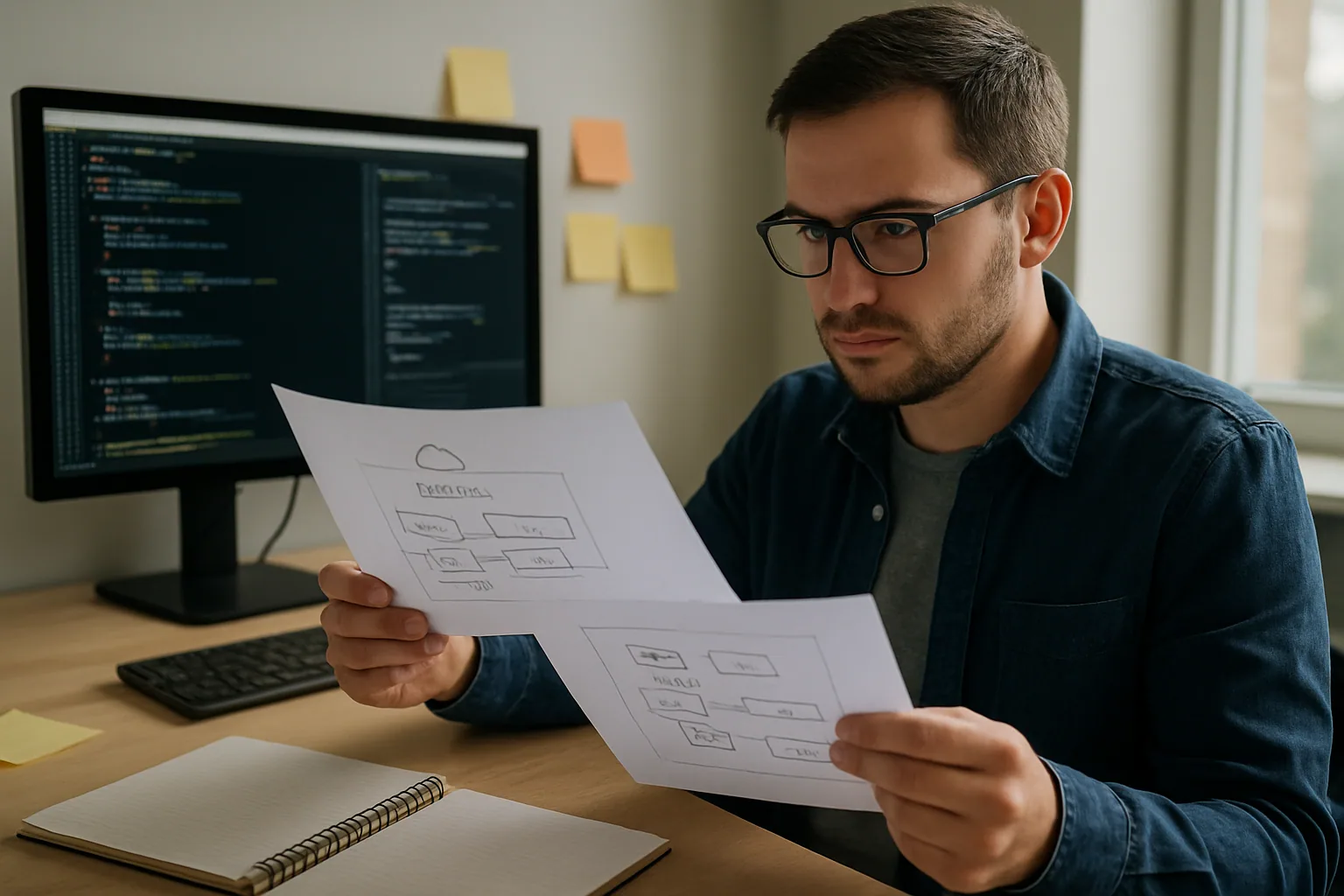Una persona revisa en una mesa de trabajo una arquitectura de despliegue web con notas de Next.js, Cloudflare y compatibilidad entre plataformas.