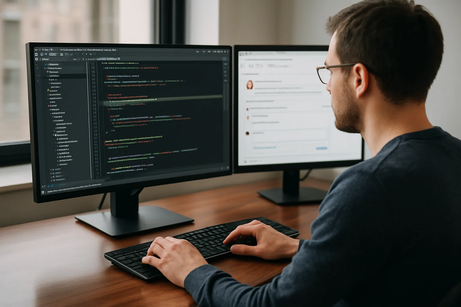 Una desarrolladora revisa cambios de código en un IDE de JetBrains en una oficina moderna, con paneles de archivos y sugerencias de IA visibles en pantalla.