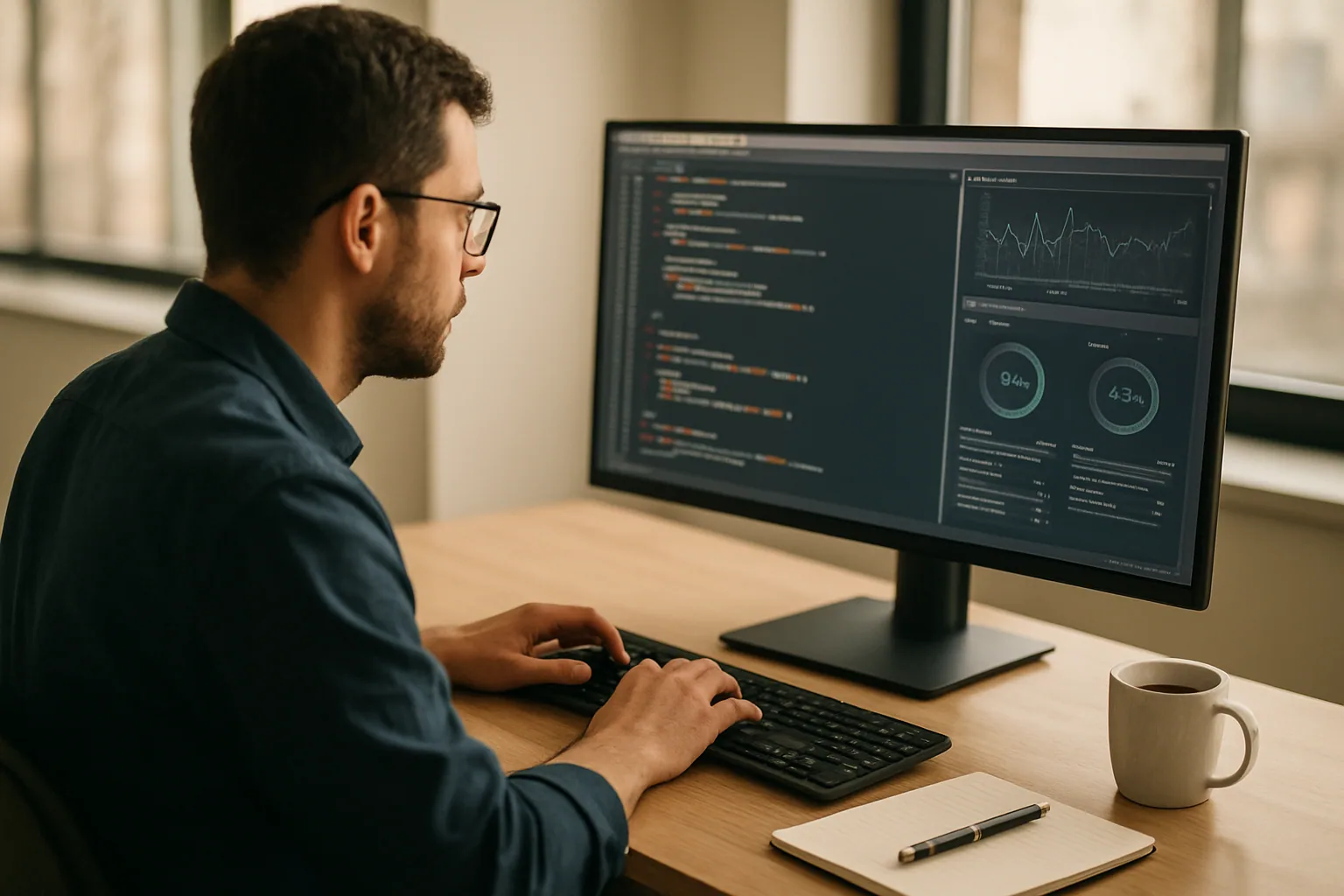 Una persona revisa una terminal con código y métricas en un monitor en una oficina moderna, mientras toma notas junto a una libreta y un café.