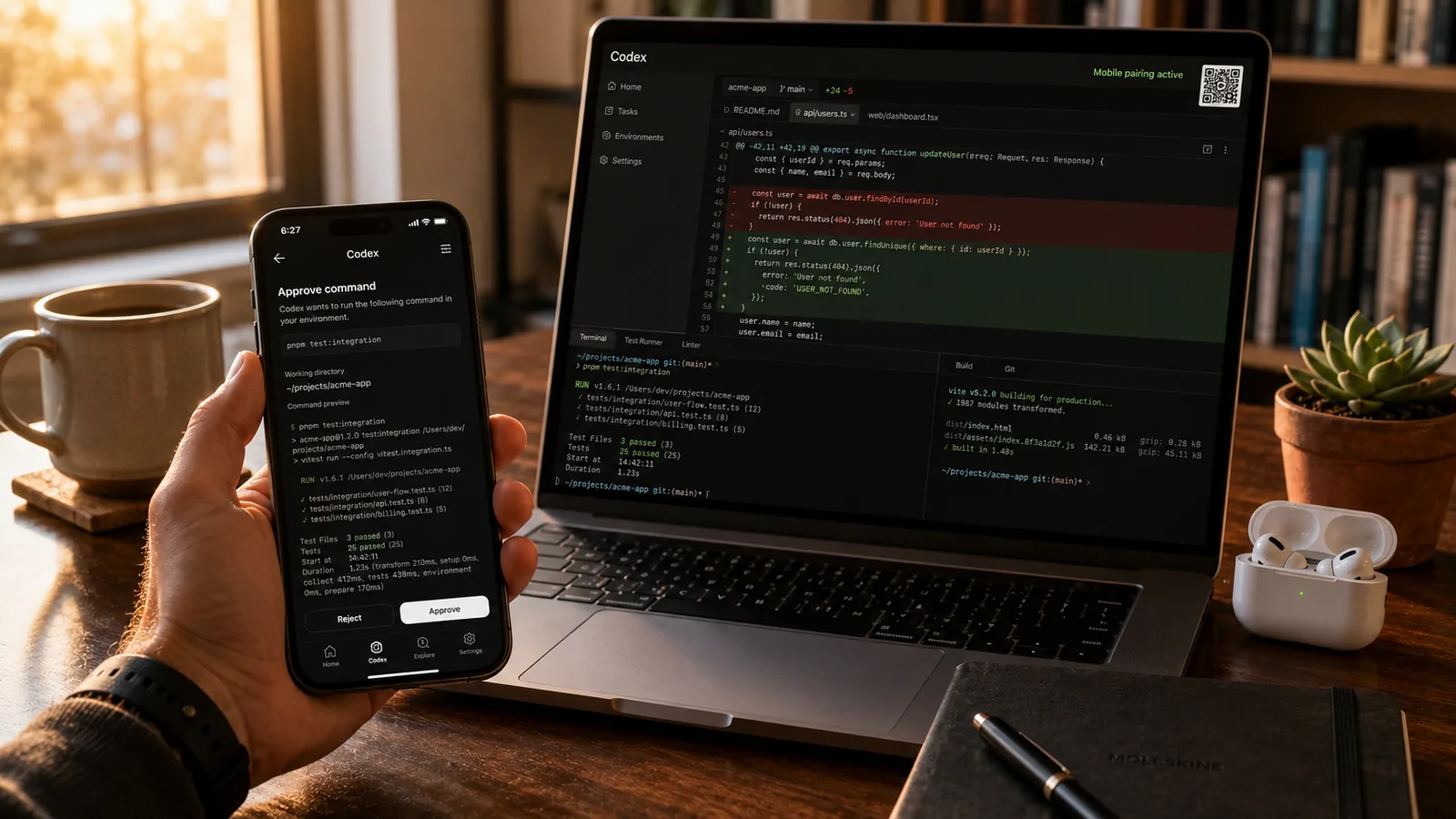 iPhone mostrando la app de ChatGPT con sesión de Codex aprobando un diff de código, junto a MacBook abierto con terminal