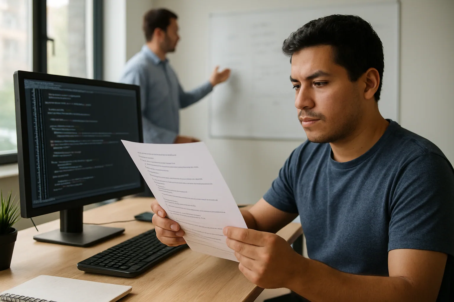 Una desarrolladora revisa código impreso junto a un monitor con un editor de código abierto en una oficina iluminada por luz natural.