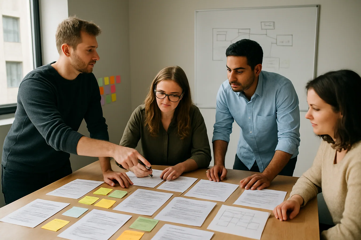 Un equipo de desarrollo revisa una base de código en una sala de trabajo, con una pizarra llena de notas y diagramas al fondo.
