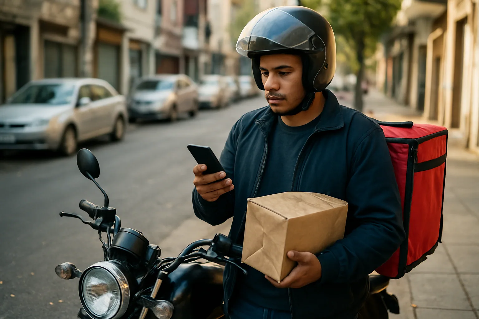 Una persona consulta un mapa offline en su teléfono mientras camina por una calle urbana con señal irregular y tráfico ligero.