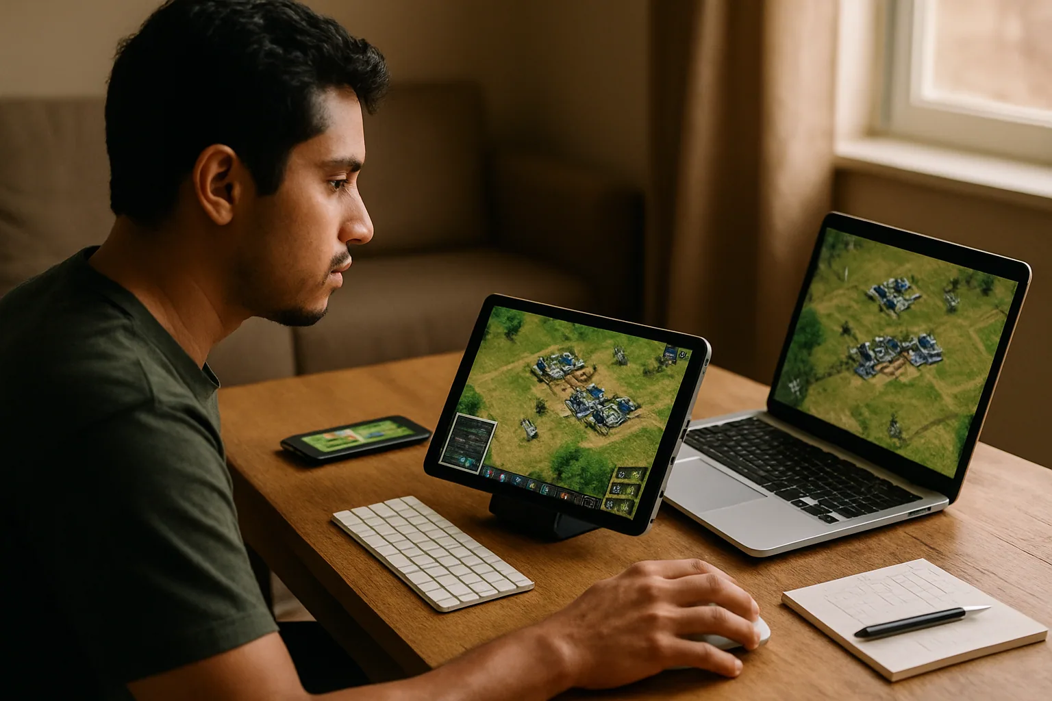 Una persona juega Command & Conquer Generals en un iPad apoyado sobre una mesa, con un iPhone al lado y una MacBook abierta mostrando el mismo juego en una sala iluminada con luz natural.
