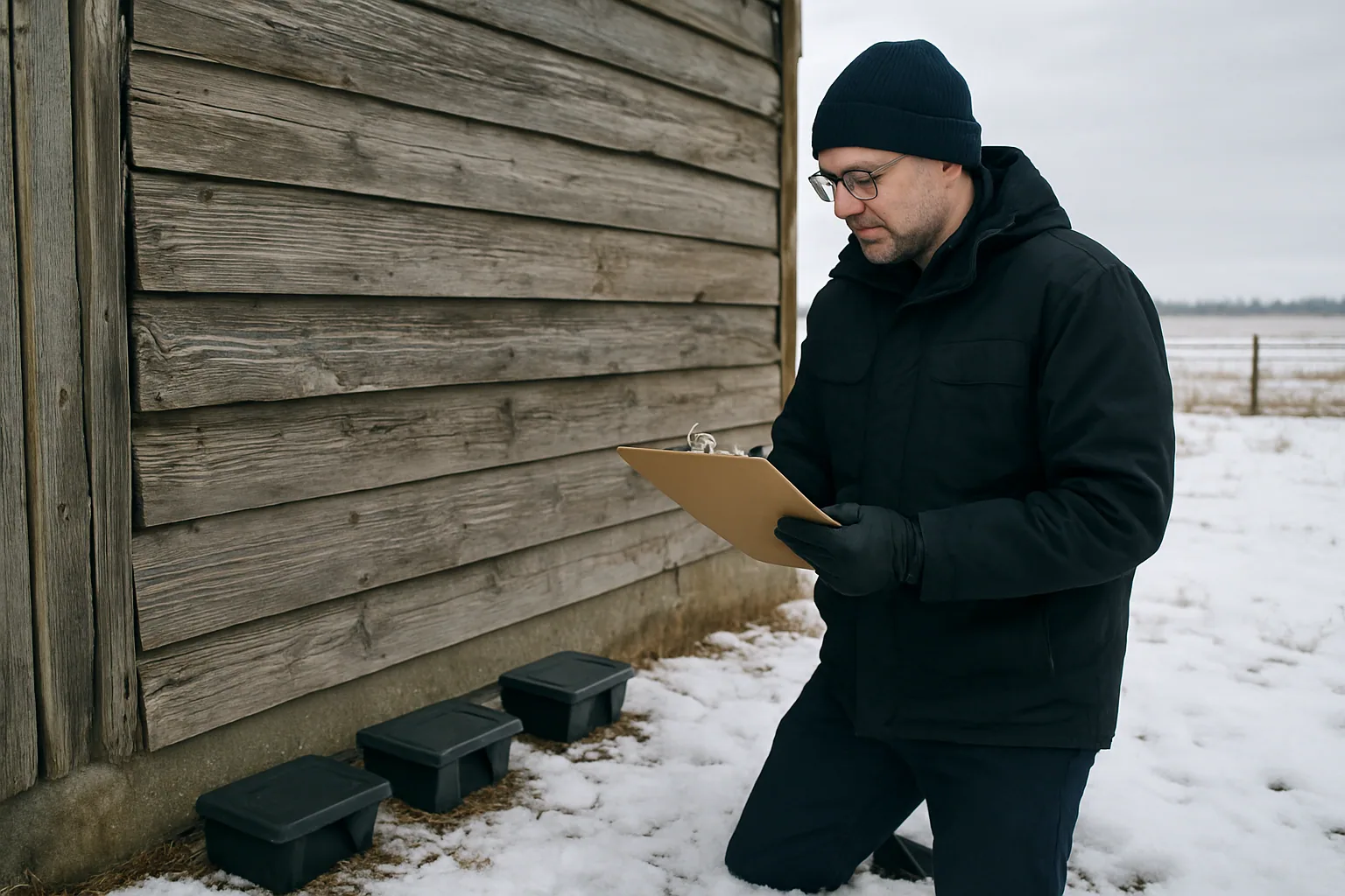 Una inspección sanitaria en una granja de Alberta con un funcionario tomando notas frente a un granero y un campo nevado al fondo.