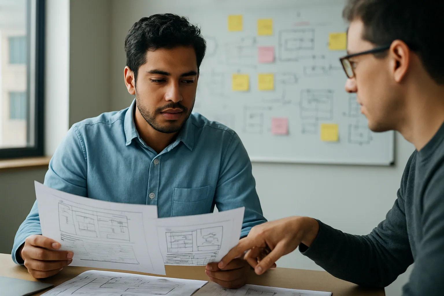 Una desarrolladora revisa un plan técnico impreso mientras conversa con un compañero frente a una pared con notas de arquitectura y métricas de proyecto.
