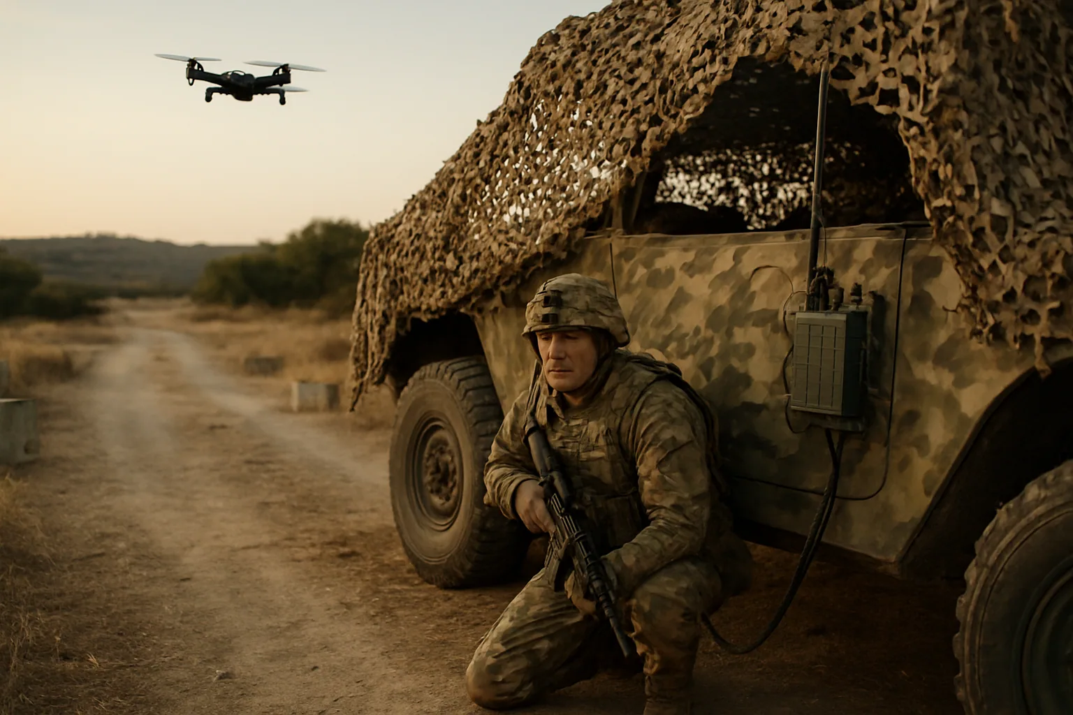 Un soldado observa un dron pequeño sobrevolando una zona rural con vehículos dispersos y una red de camuflaje en primer plano.